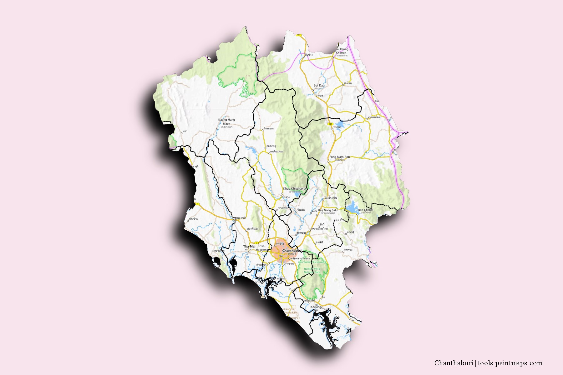 Chanthaburi and counties map with 3D shadow effect