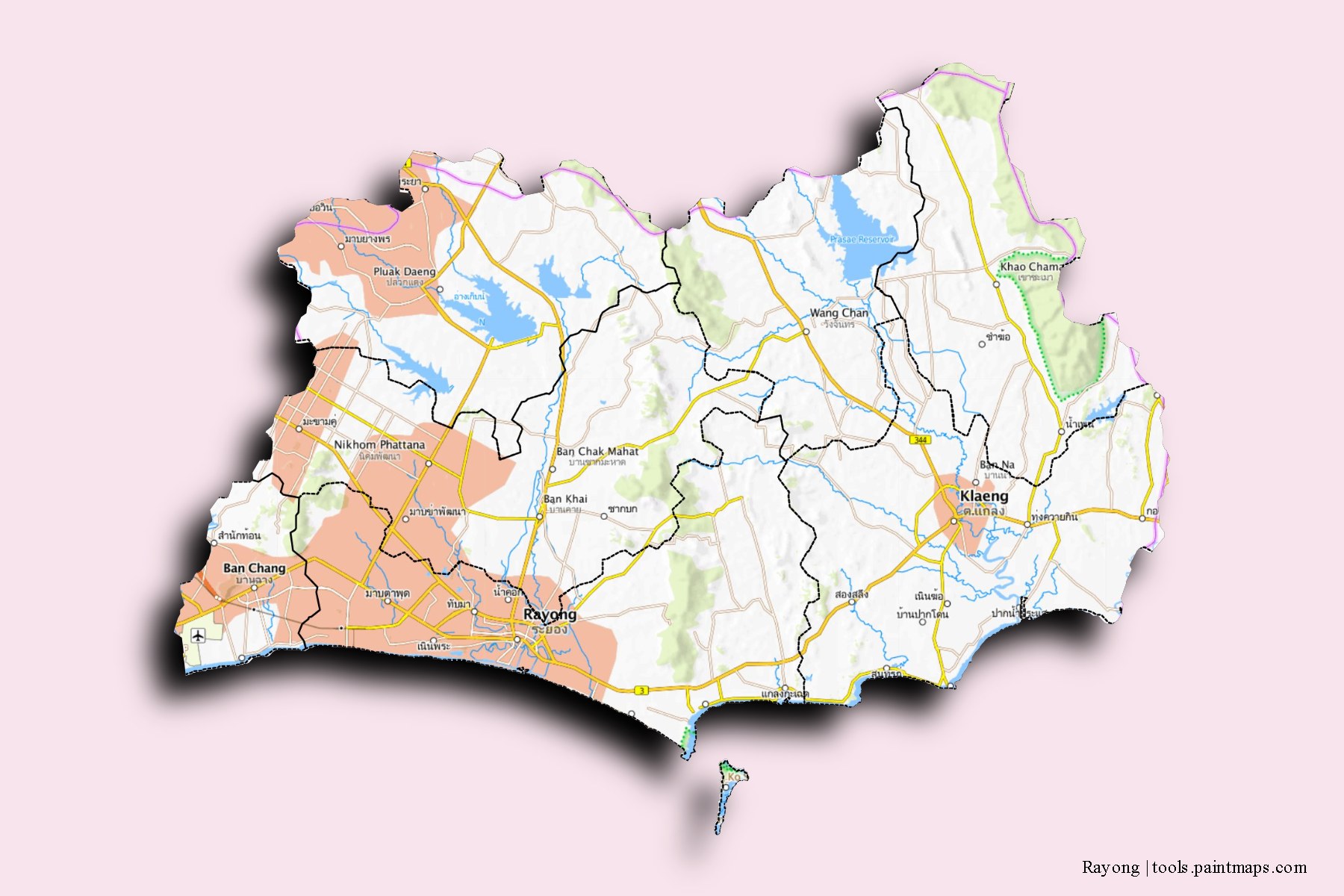 Rayong and counties map with 3D shadow effect