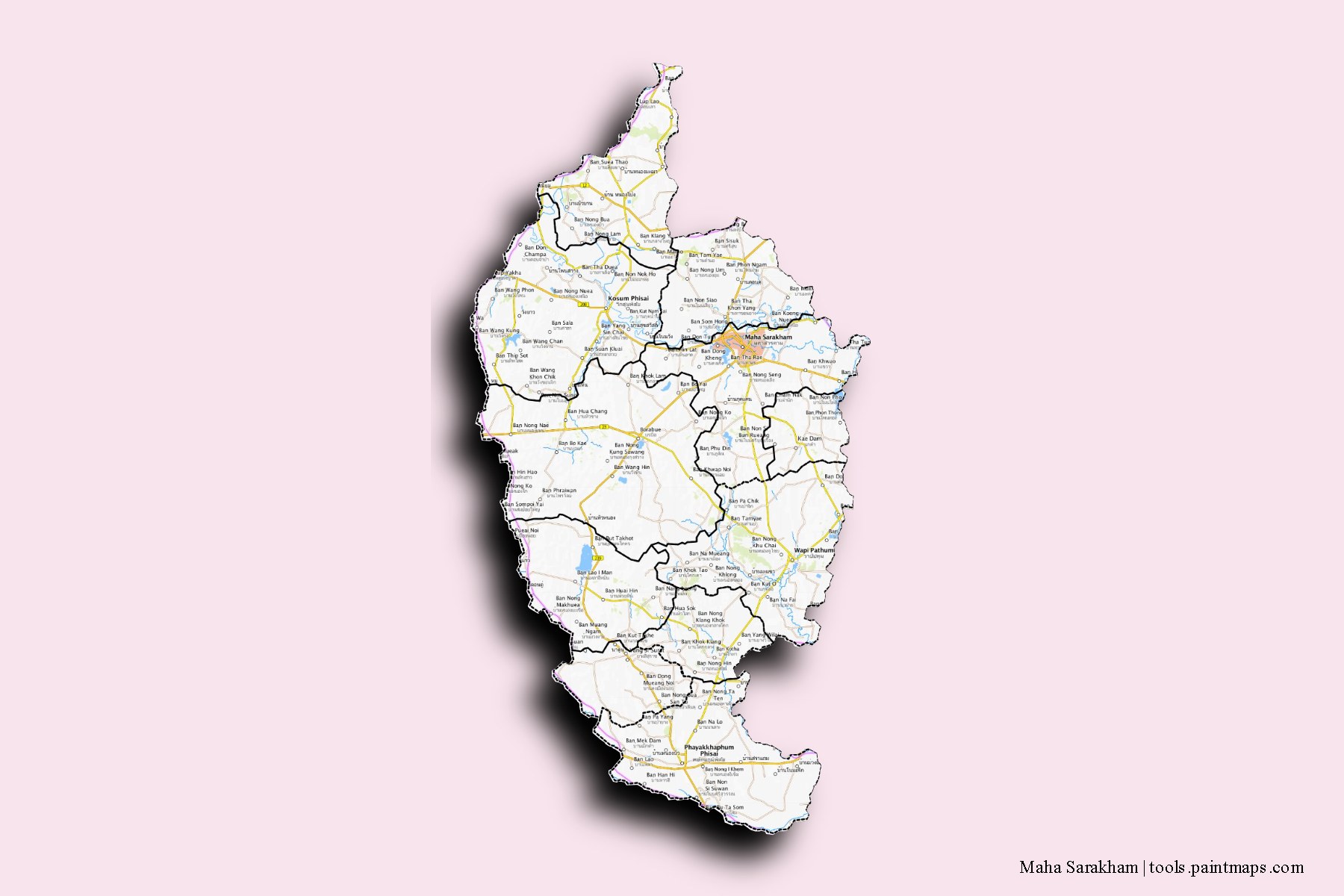 Maha Sarakham and counties map with 3D shadow effect