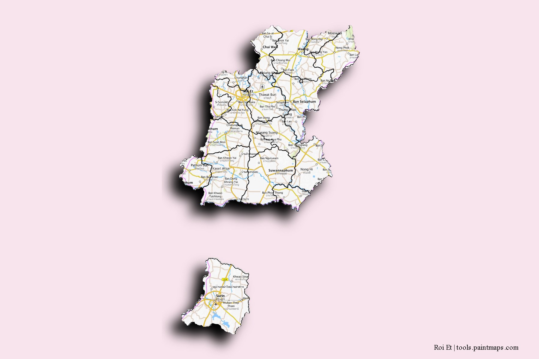 Roi Et and counties map with 3D shadow effect