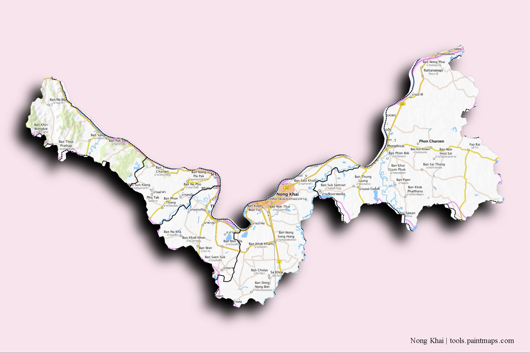 Nong Khai and counties map with 3D shadow effect