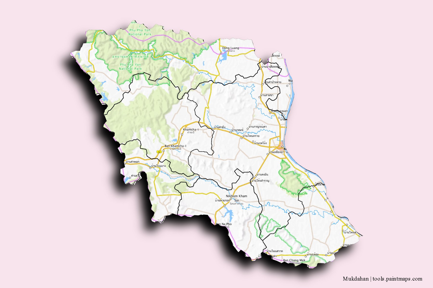 Mukdahan and counties map with 3D shadow effect