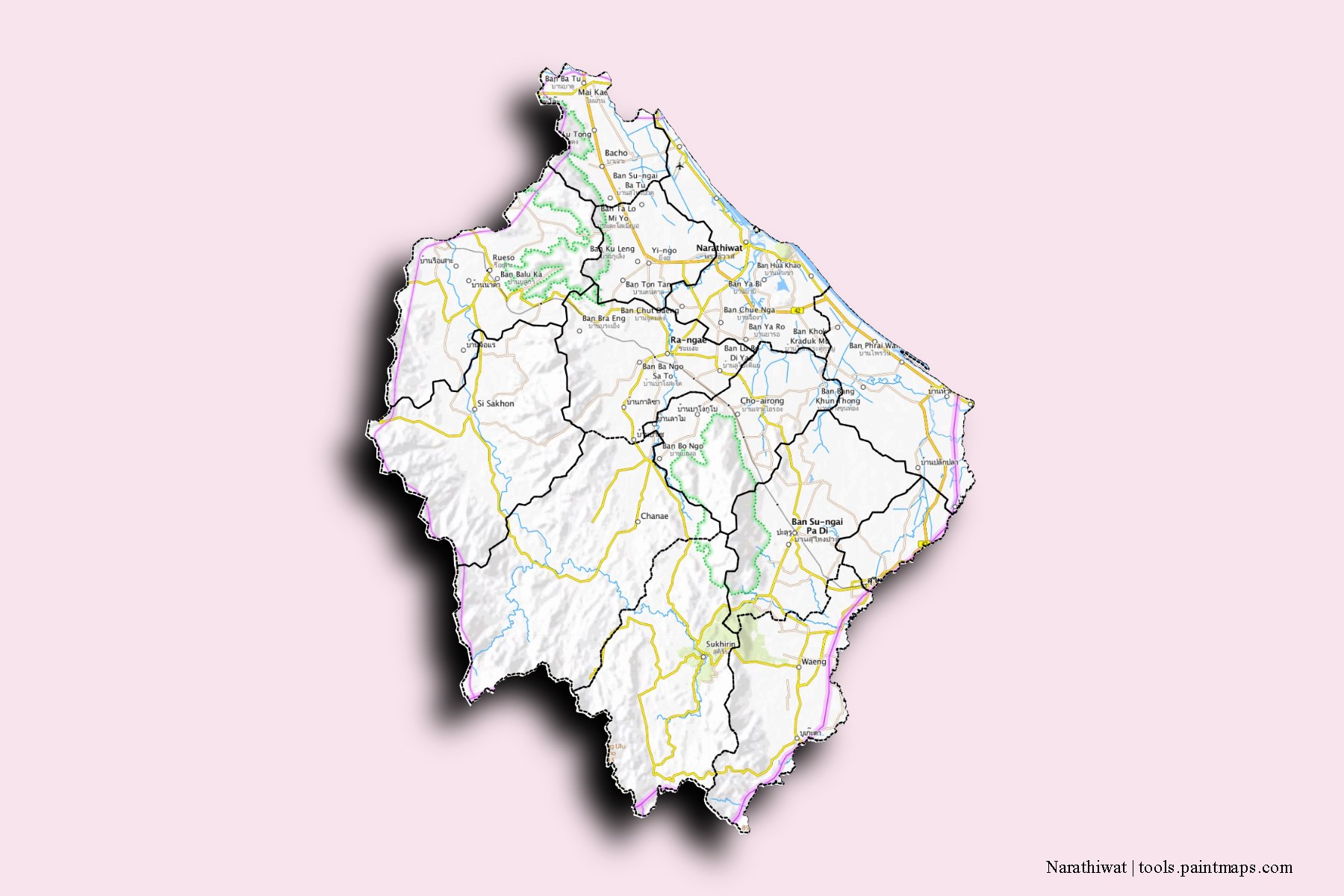 Narathiwat and counties map with 3D shadow effect