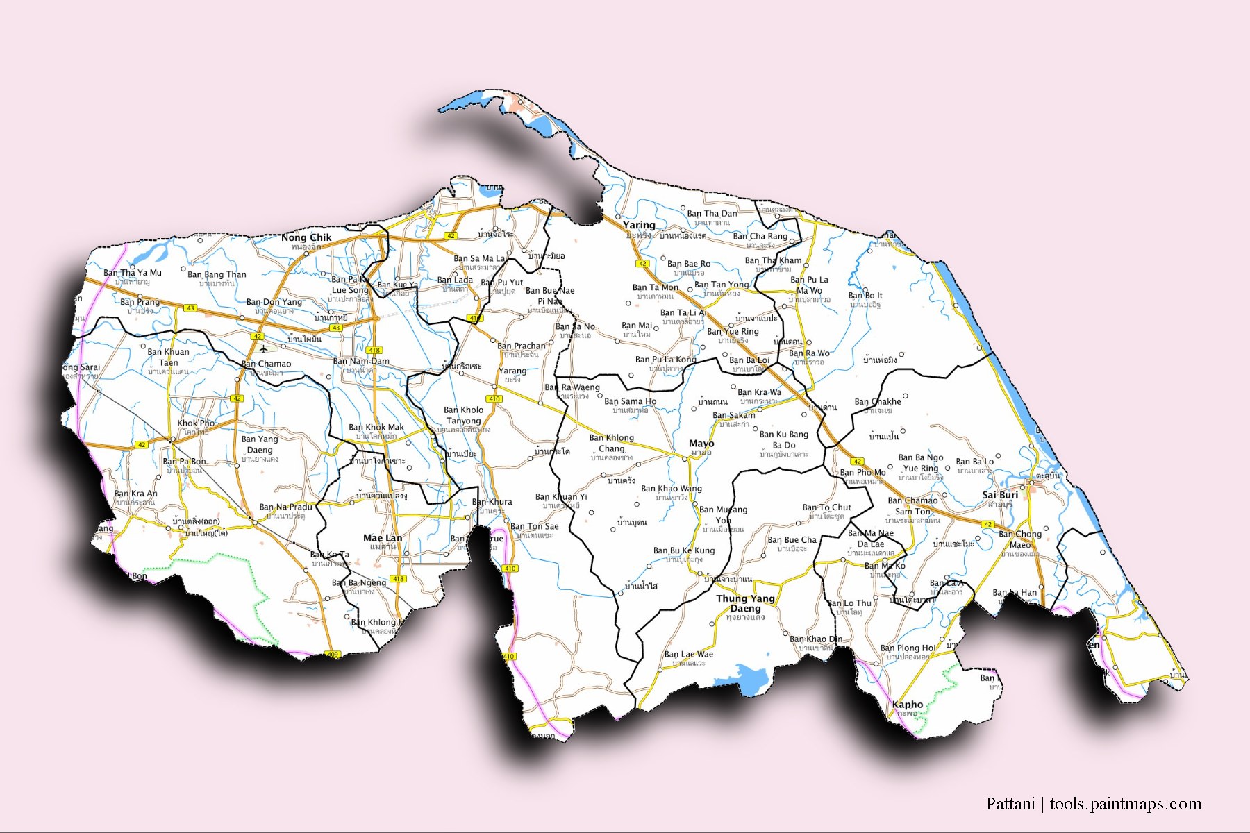 3D gölge efektli Pattani ili ve ilçeleri haritası