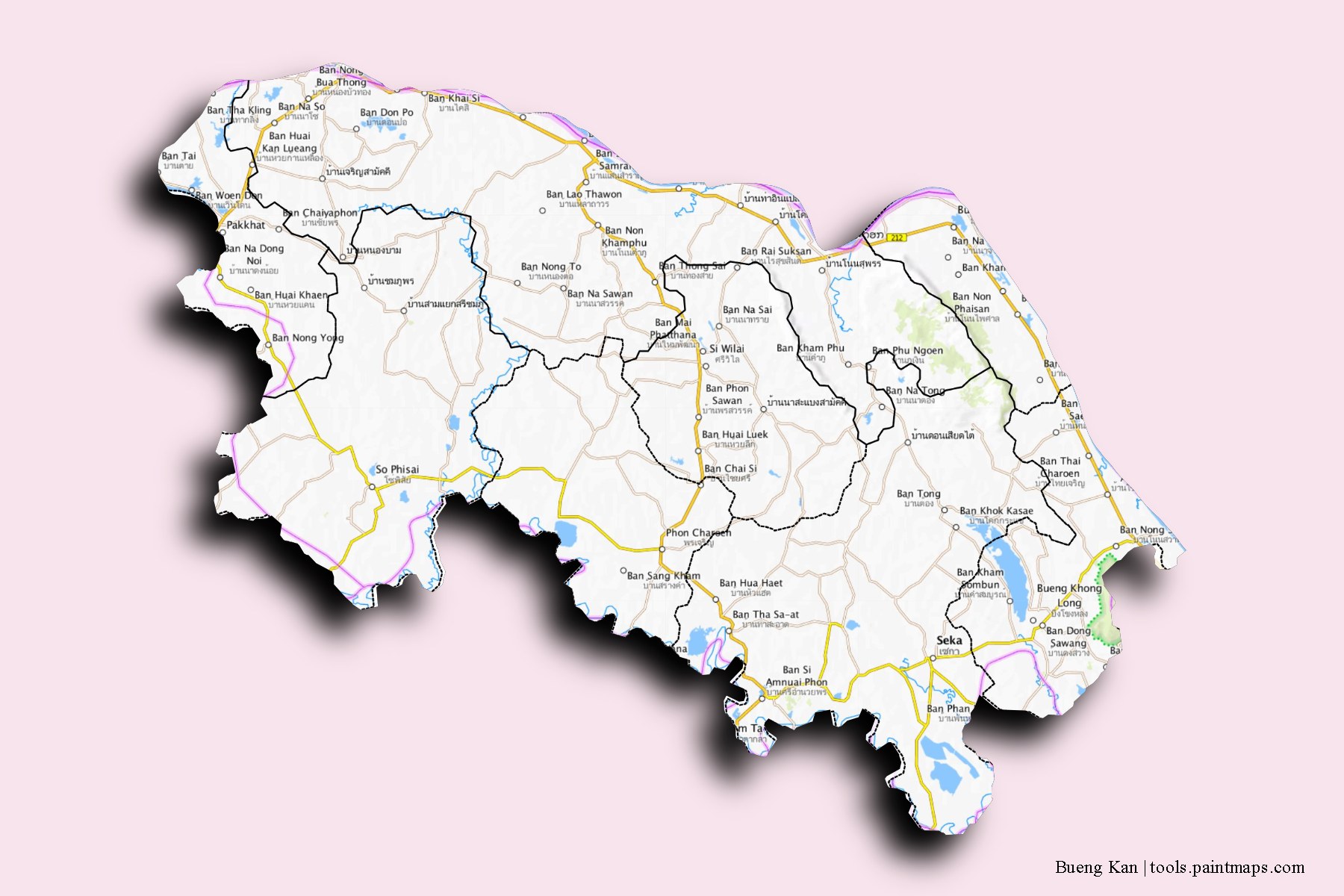 Mapa de Bueng Kan y sus distritos con efecto de sombra 3D