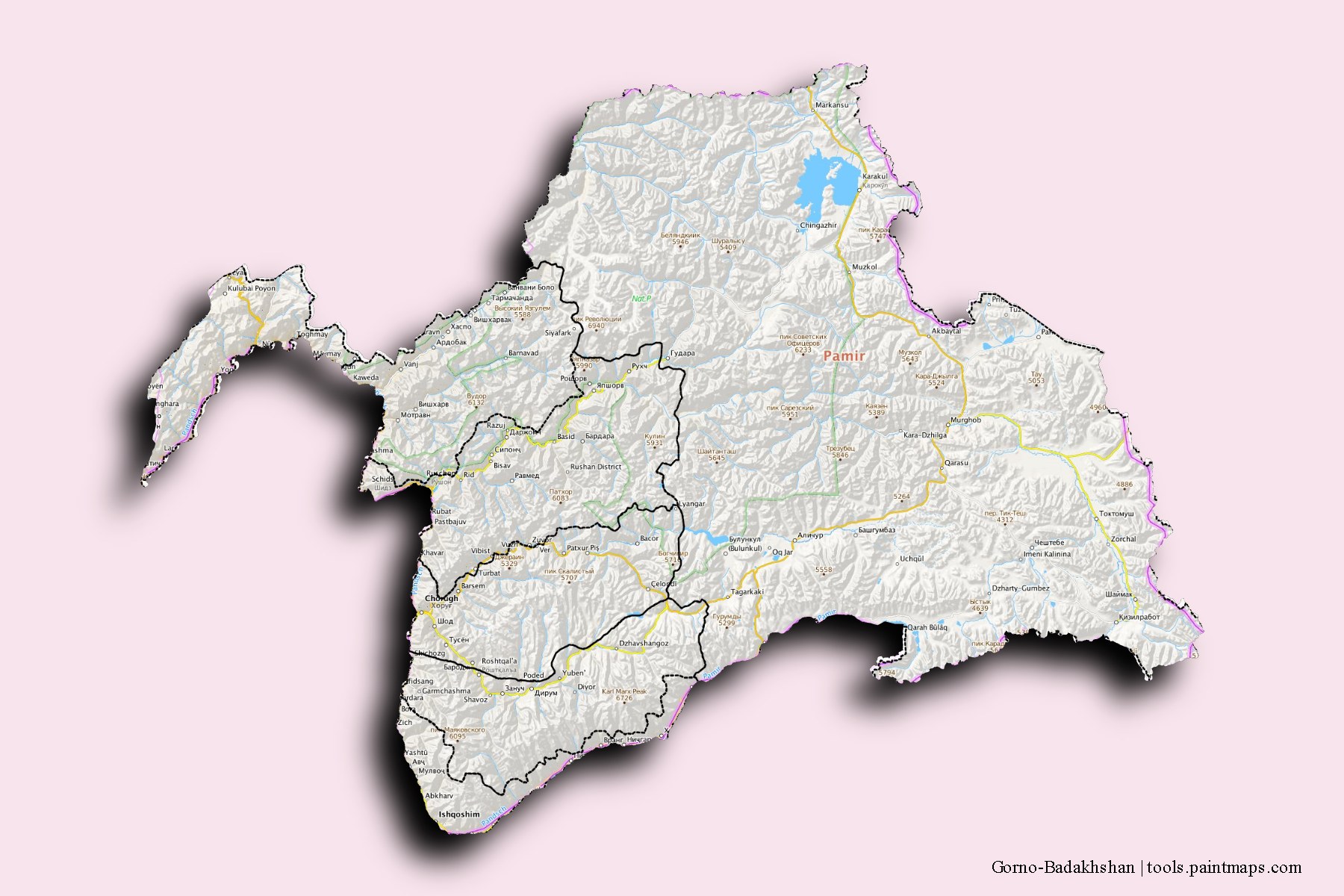 Kuhistoni Badakhshon and counties map with 3D shadow effect