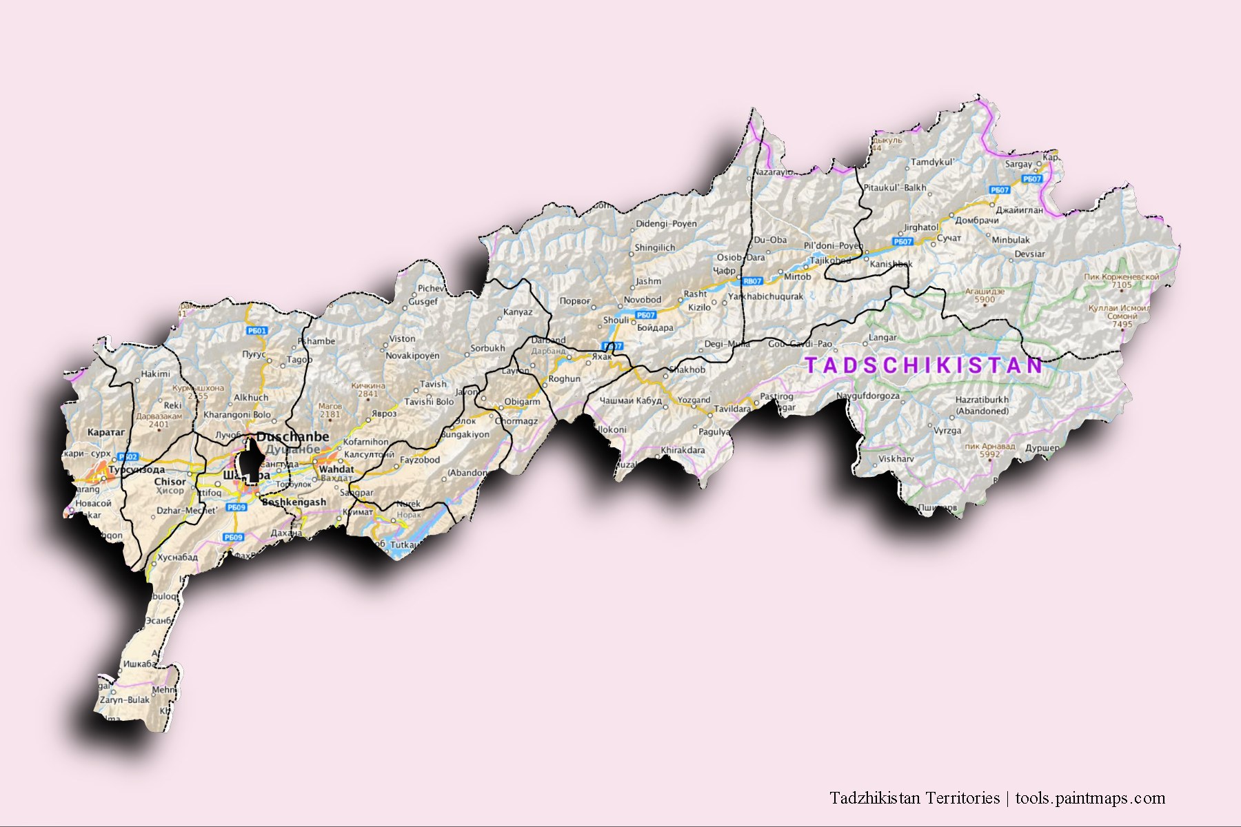 Mapa de Tadzhikistan Territories y sus distritos con efecto de sombra 3D