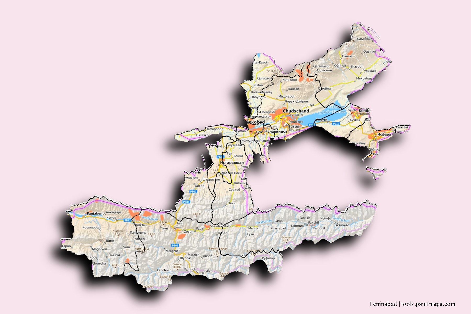 Leninobod and counties map with 3D shadow effect