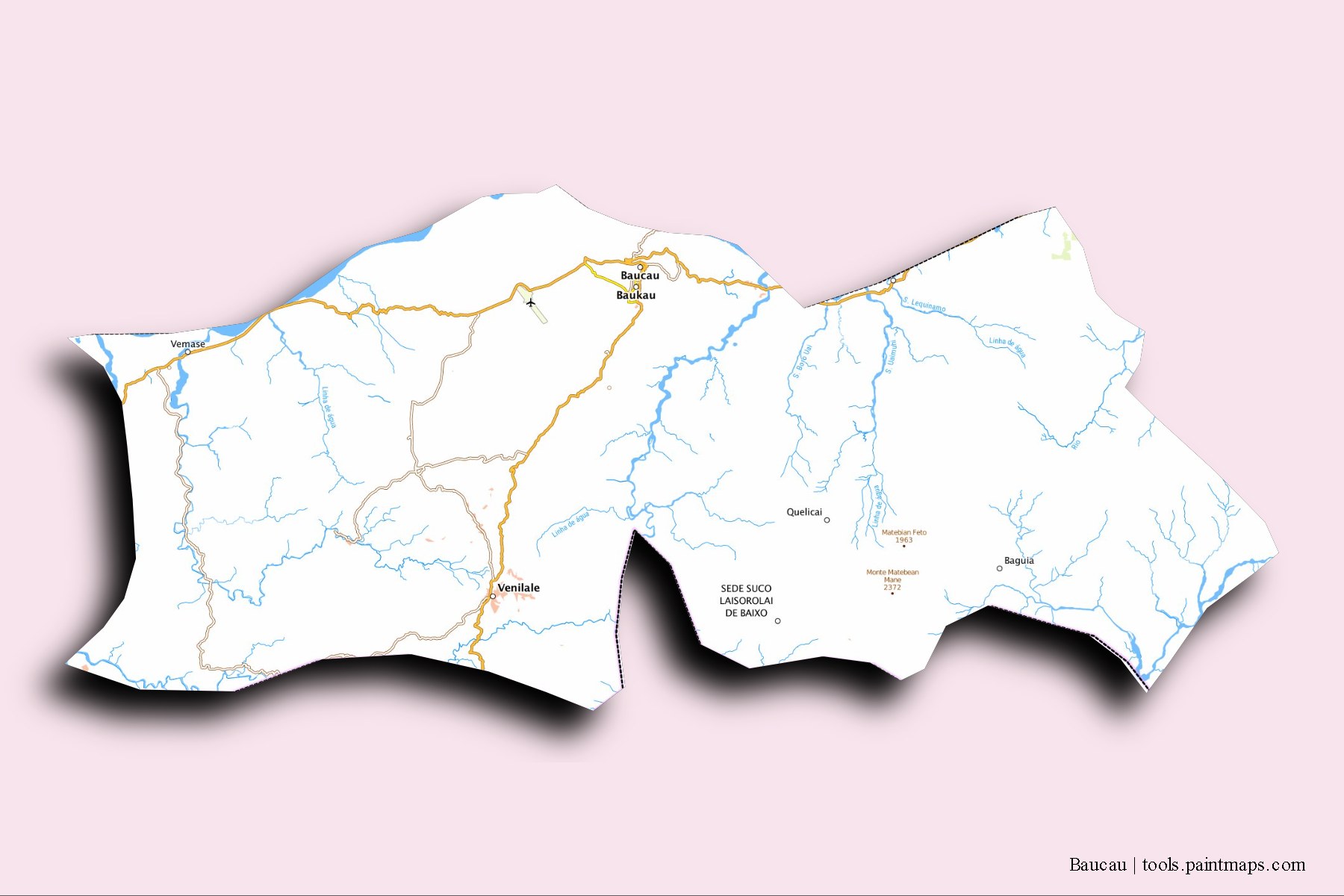 Mapa de Baucau y sus distritos con efecto de sombra 3D