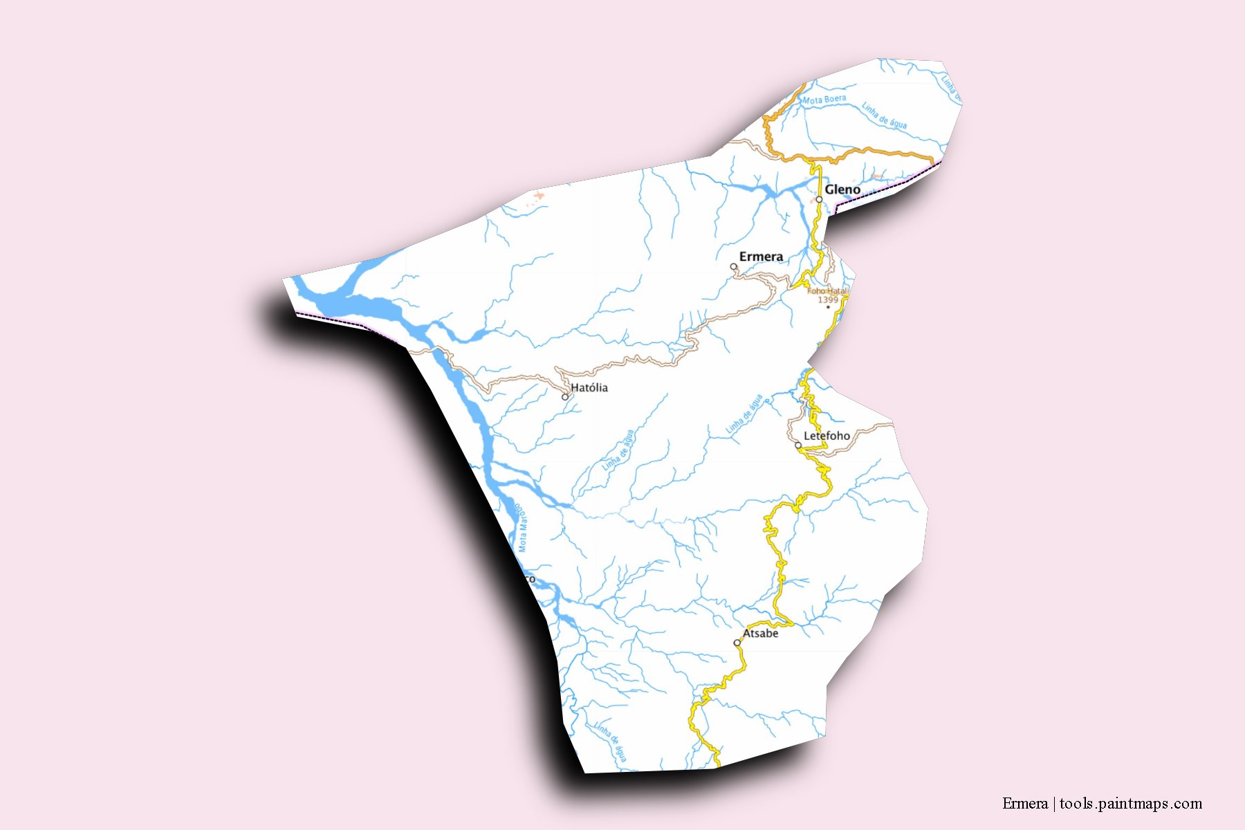 3D gölge efektli Ermera District ve ilçeleri haritası