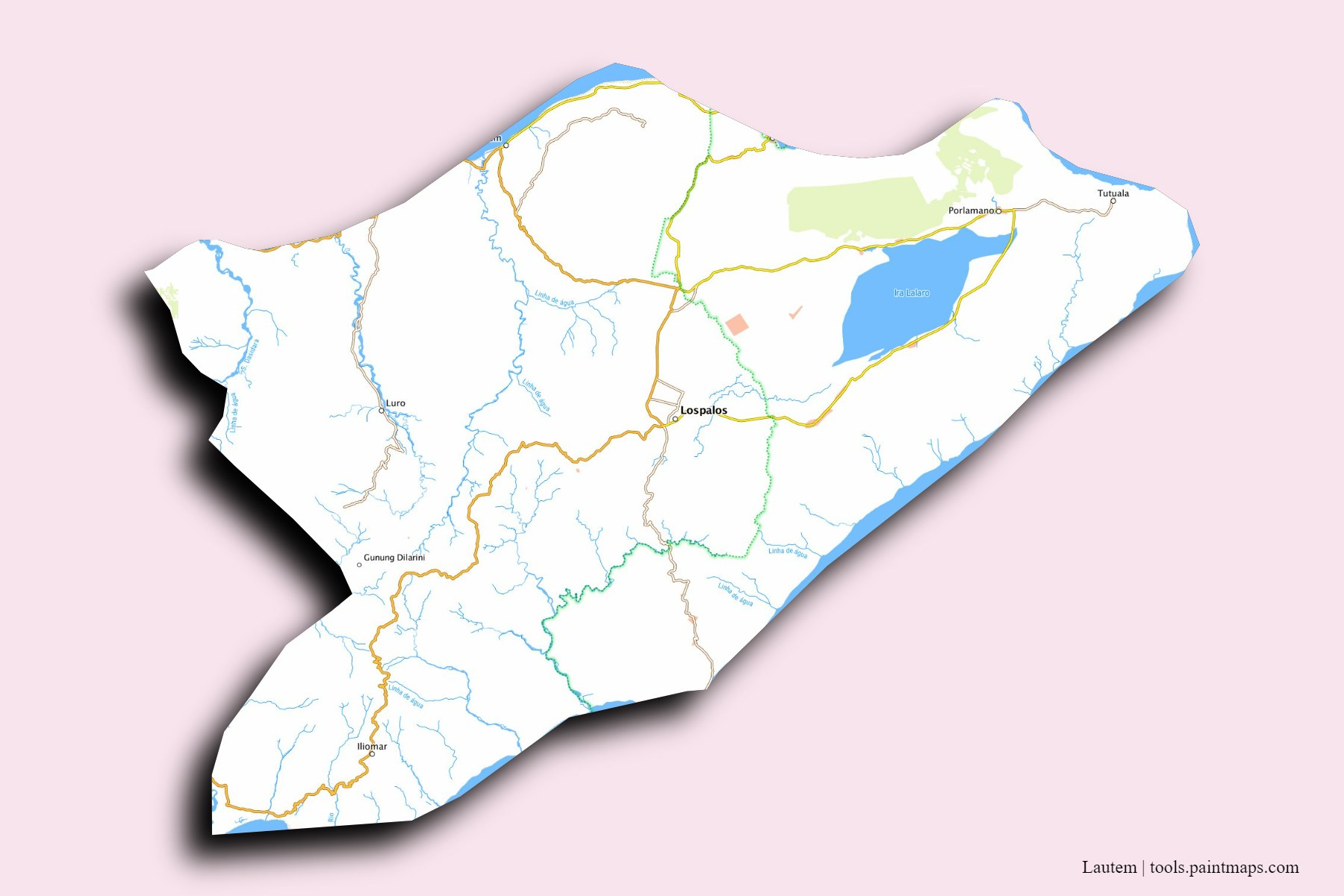 Mapa de Lautem y sus distritos con efecto de sombra 3D