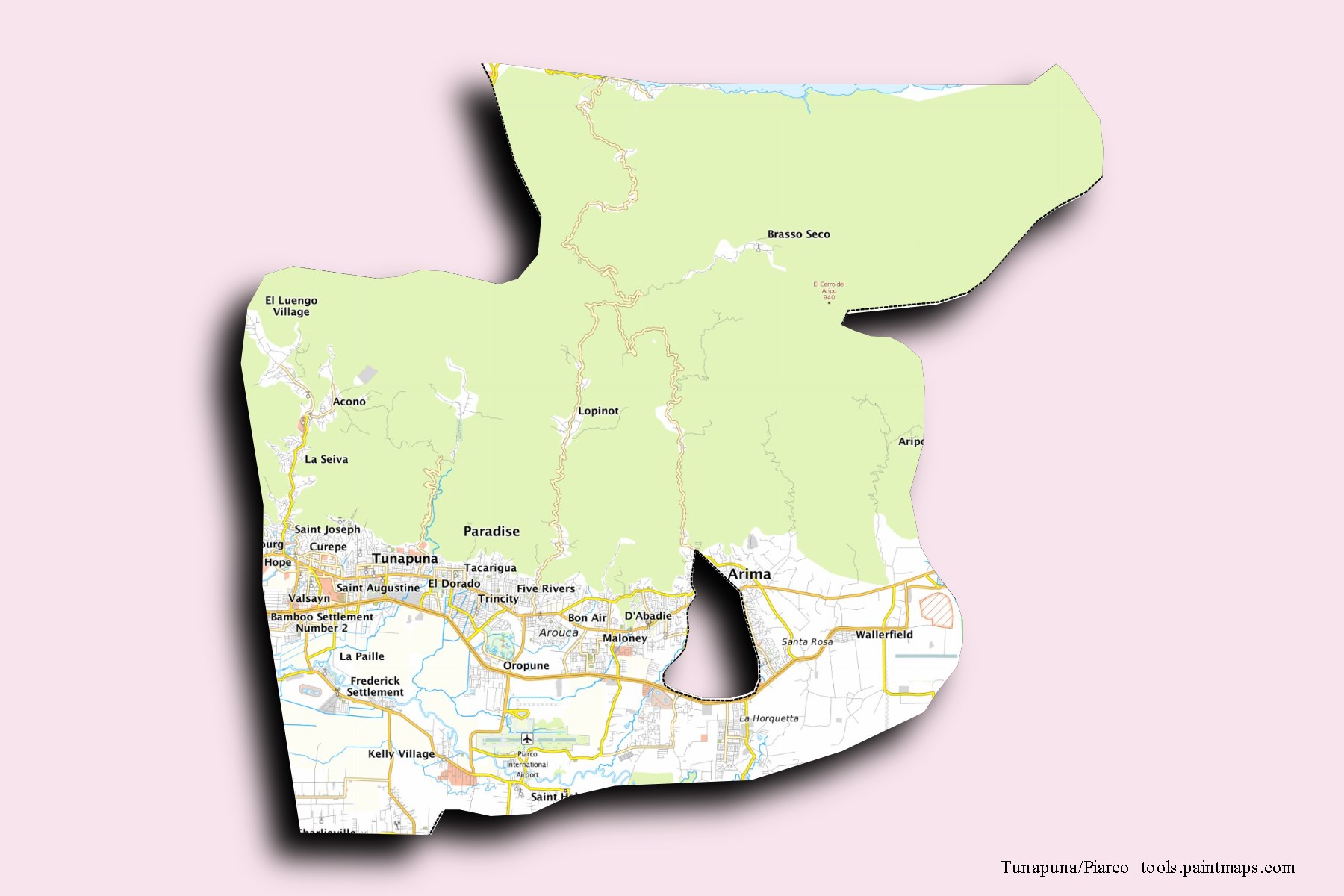 Tanapuna-Piarco and counties map with 3D shadow effect