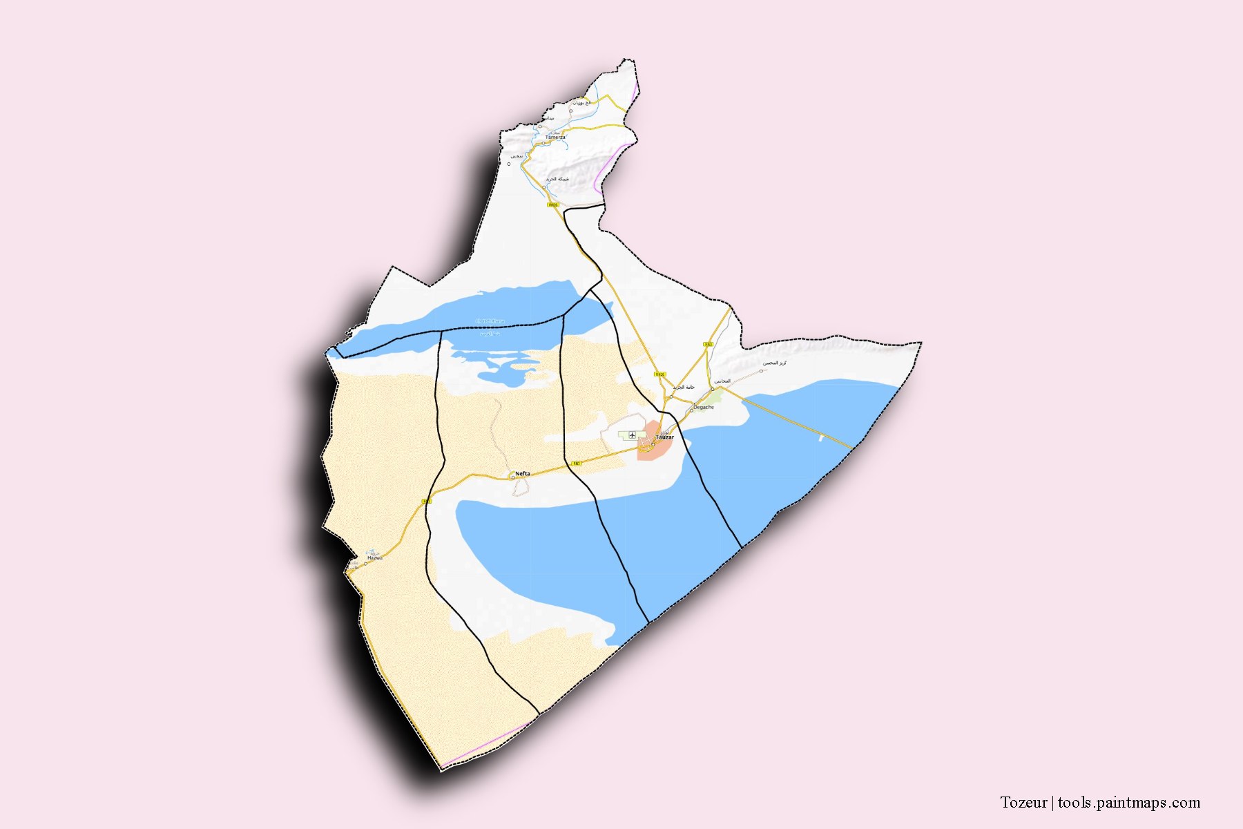 Tozeur and counties map with 3D shadow effect