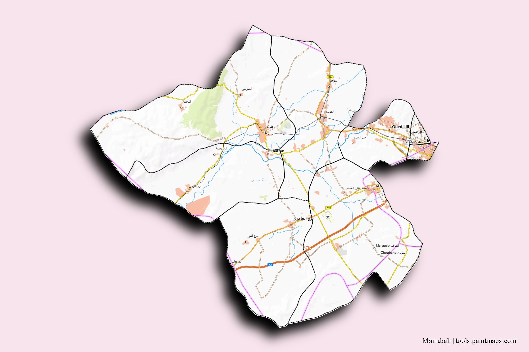 Manubah and counties map with 3D shadow effect