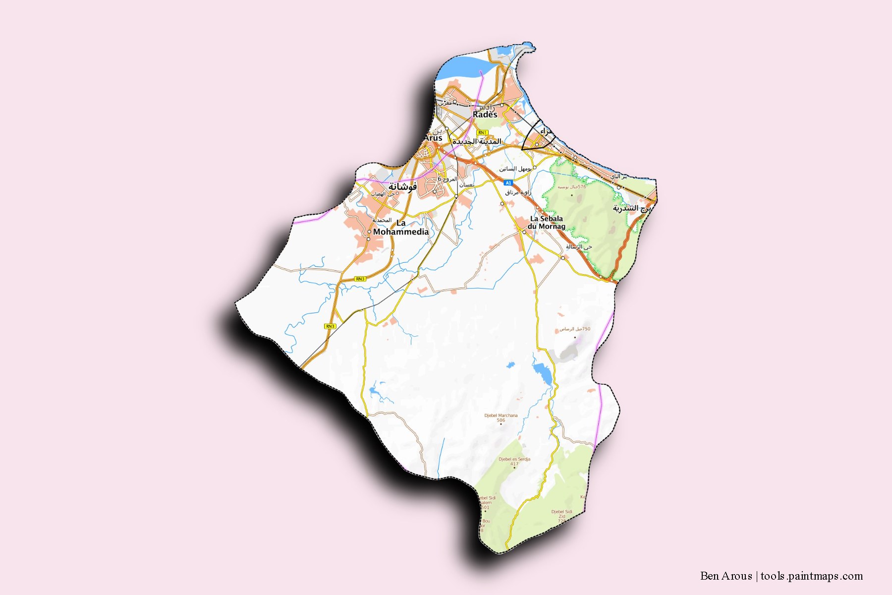 Ben Arous and counties map with 3D shadow effect