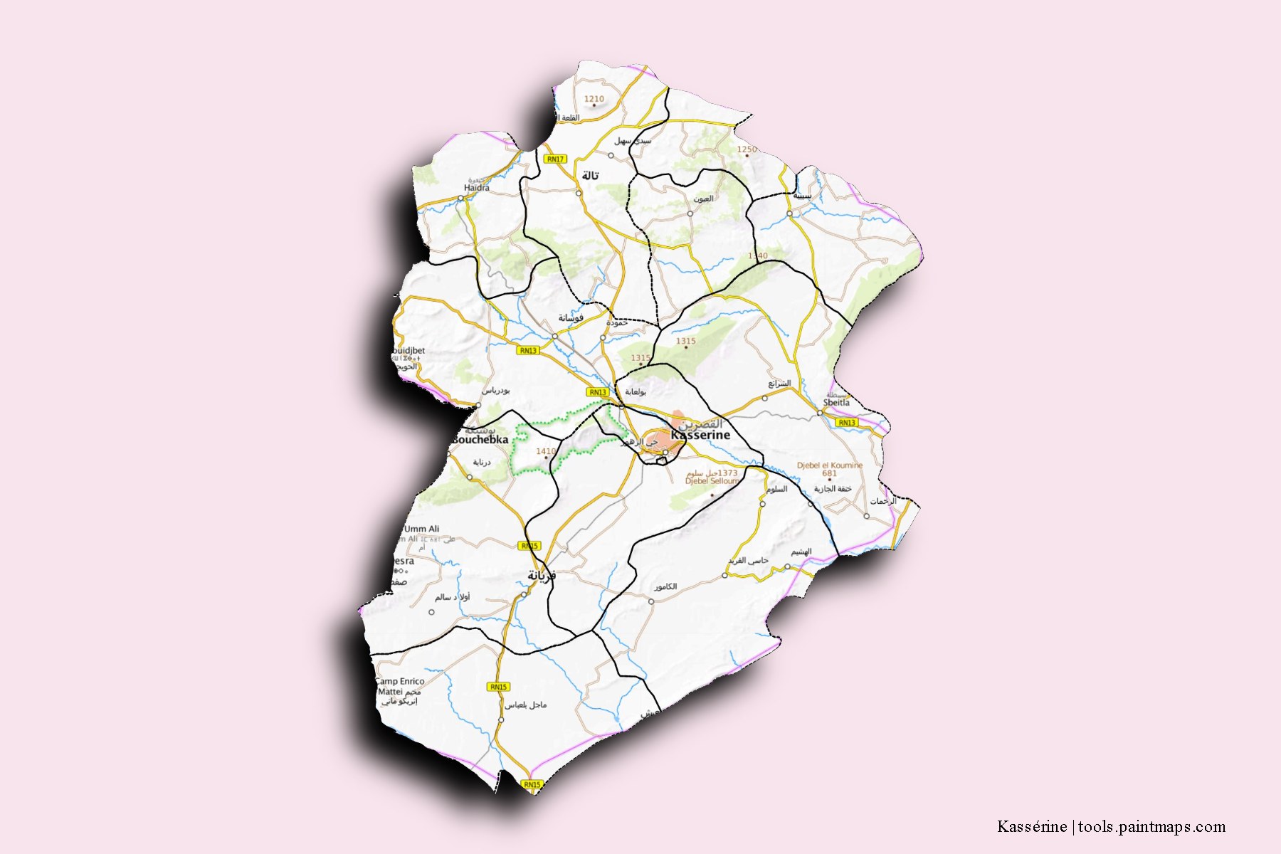 Kassérine and counties map with 3D shadow effect