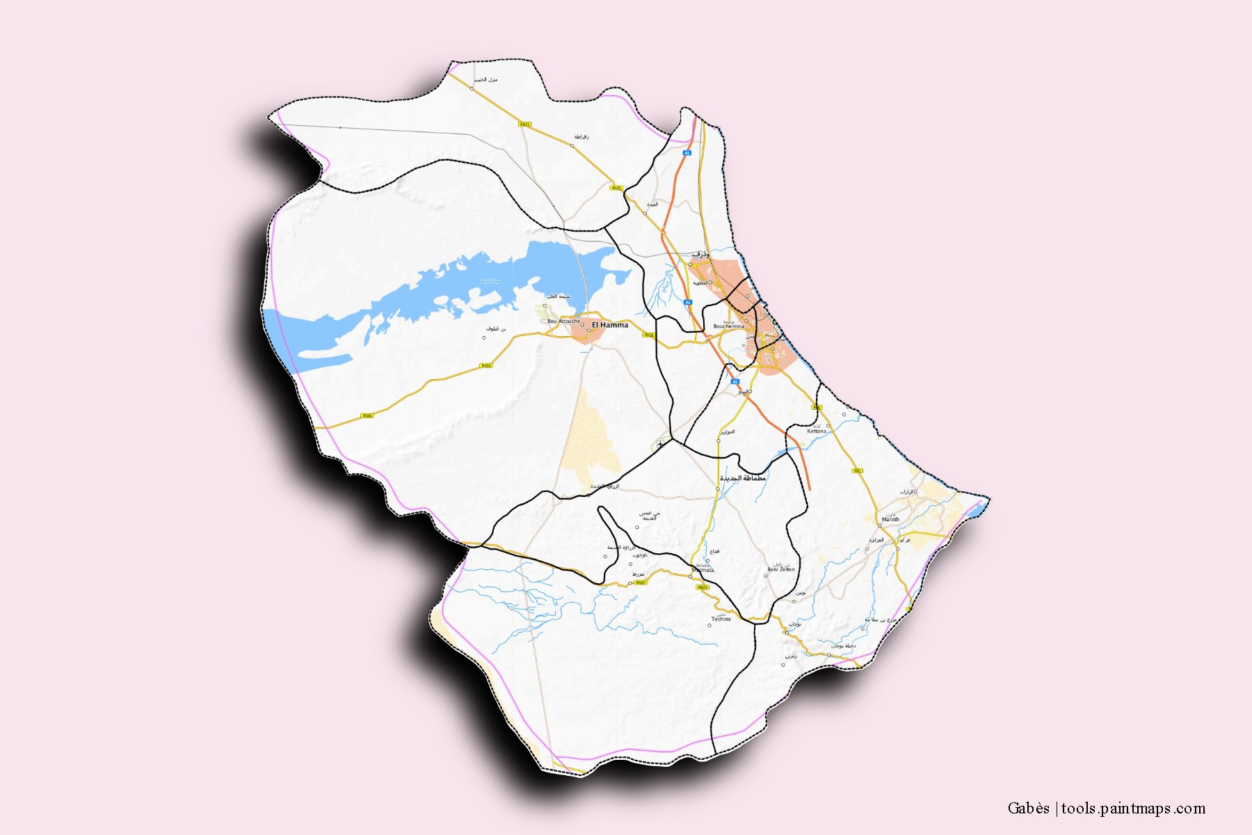 Gabès and counties map with 3D shadow effect