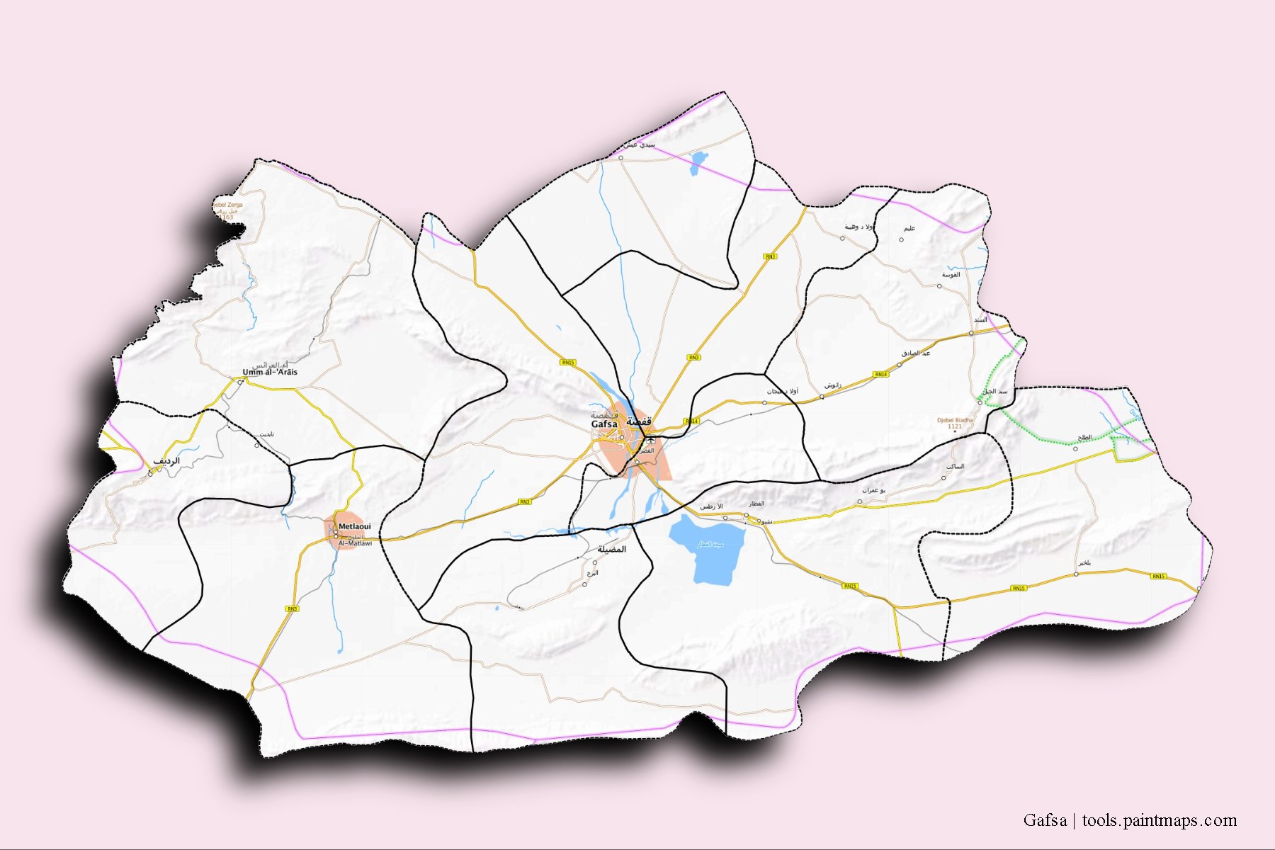 Gafsa and counties map with 3D shadow effect