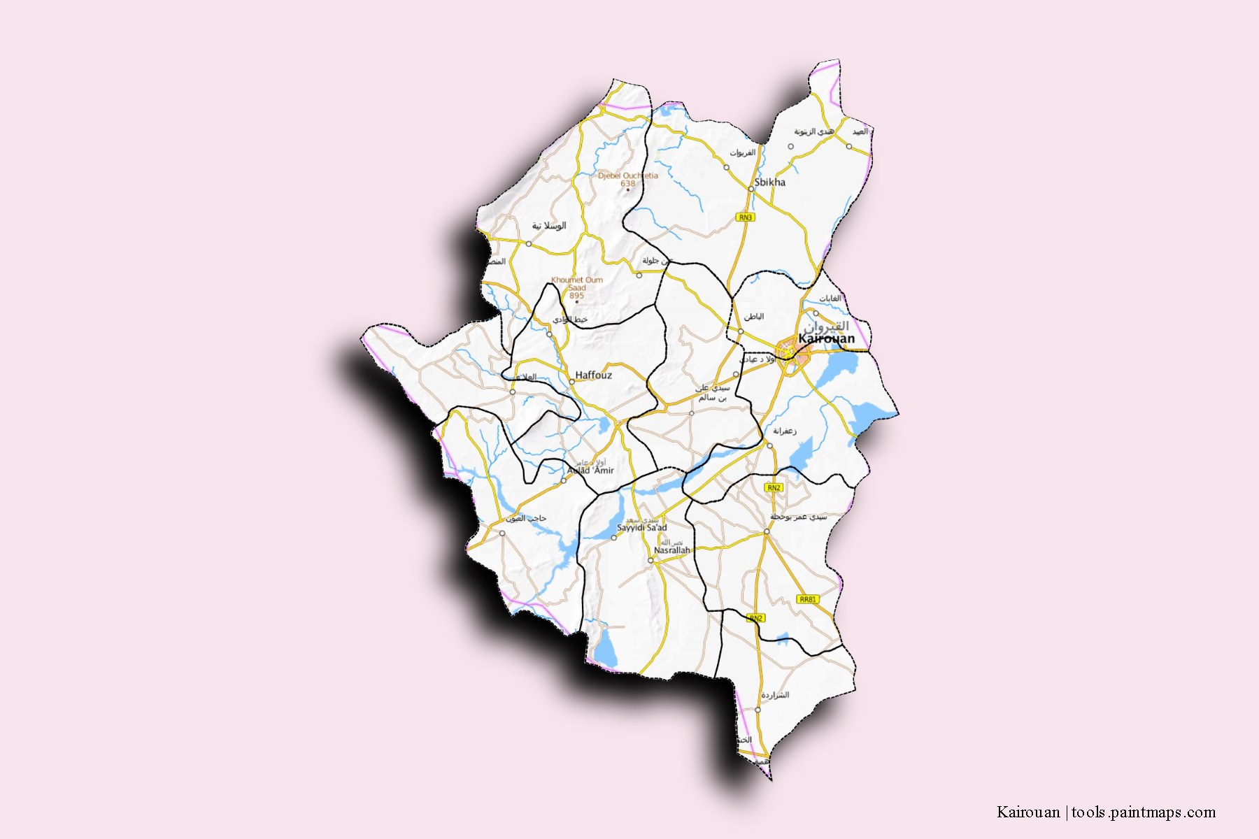 Kairouan and counties map with 3D shadow effect