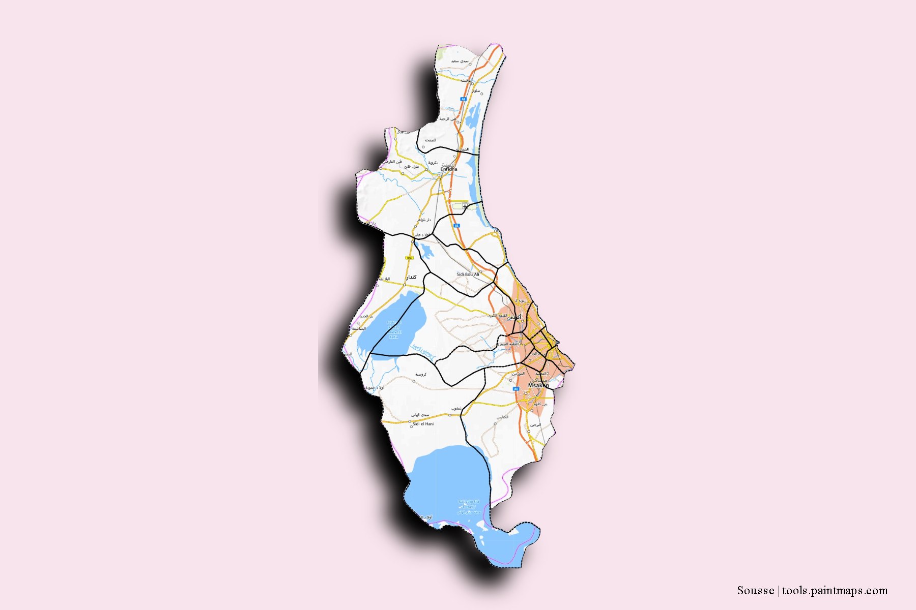 Sousse and counties map with 3D shadow effect