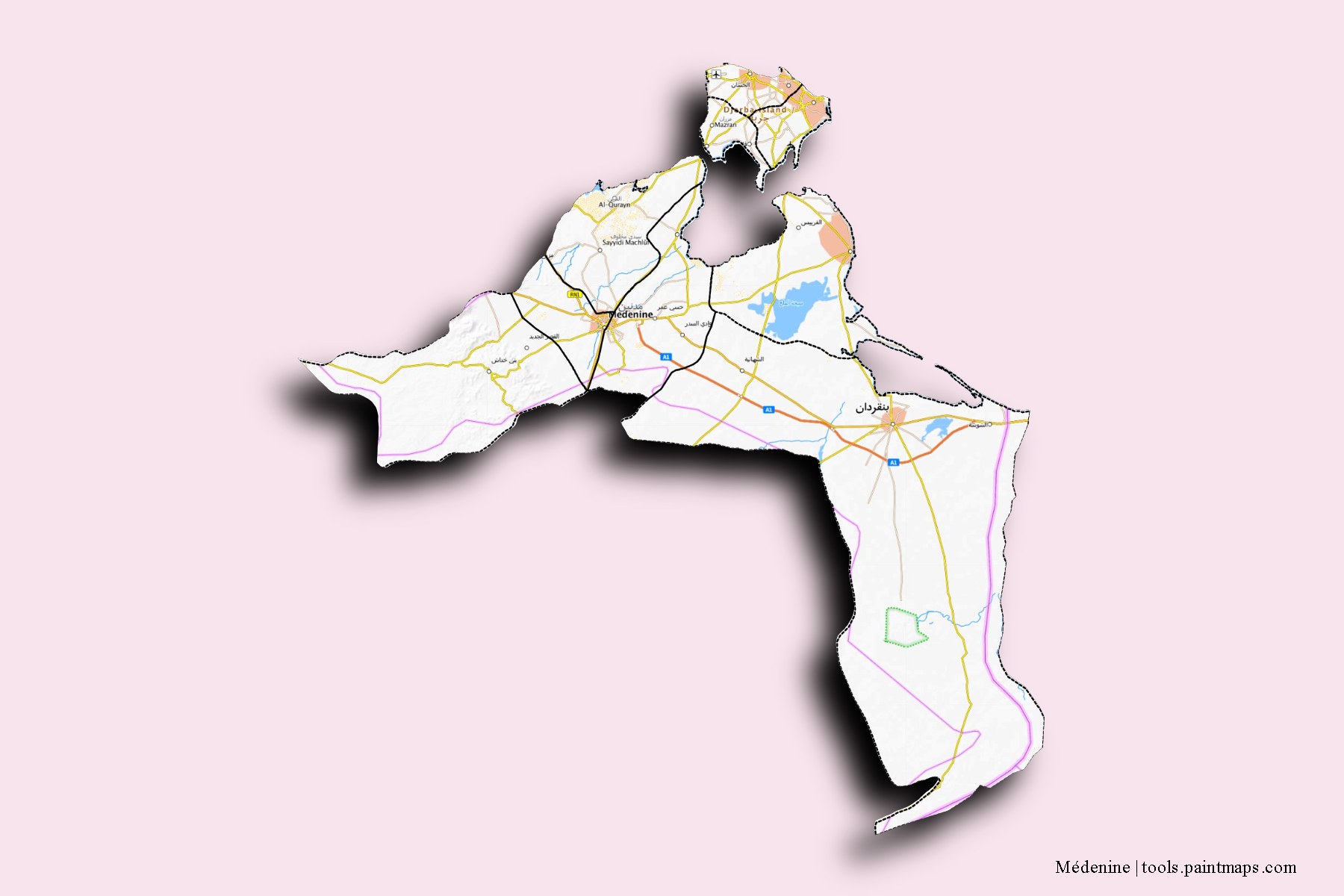 Médenine and counties map with 3D shadow effect