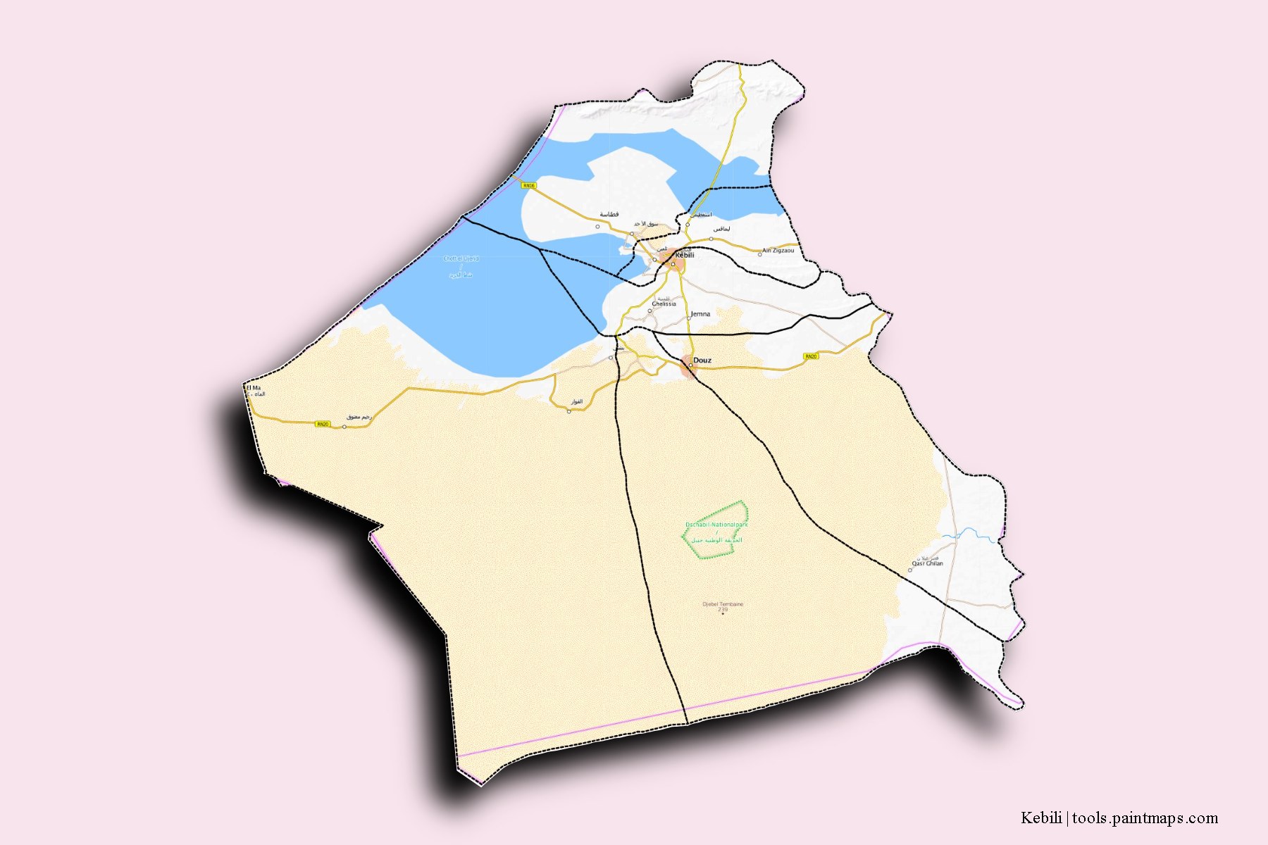 Kebili and counties map with 3D shadow effect