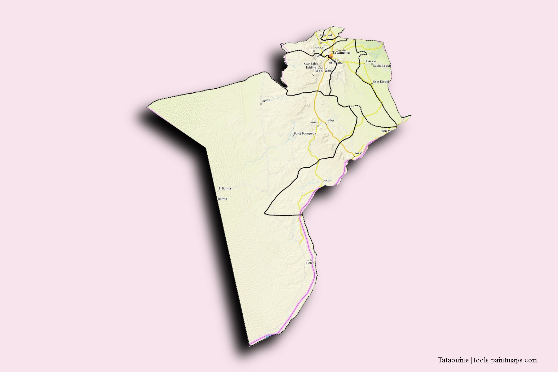 Tataouine and counties map with 3D shadow effect