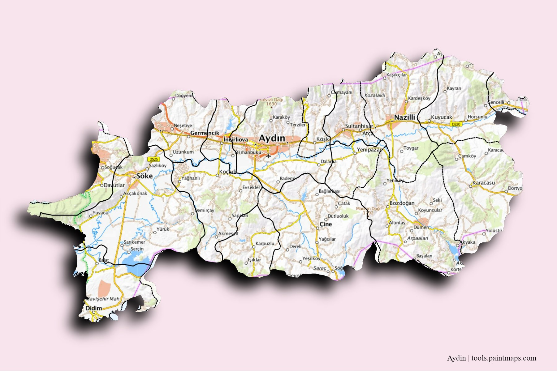 Mapa de Aydin y sus distritos con efecto de sombra 3D