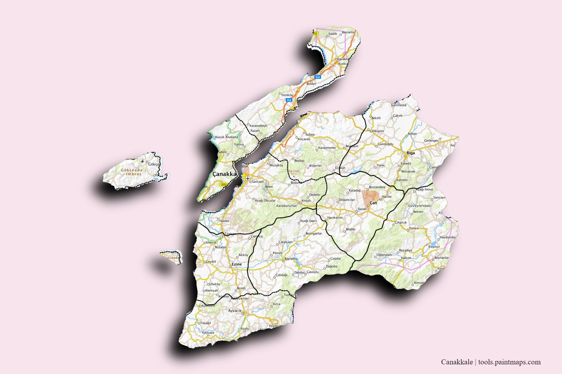 Mapa de Canakkale y sus distritos con efecto de sombra 3D