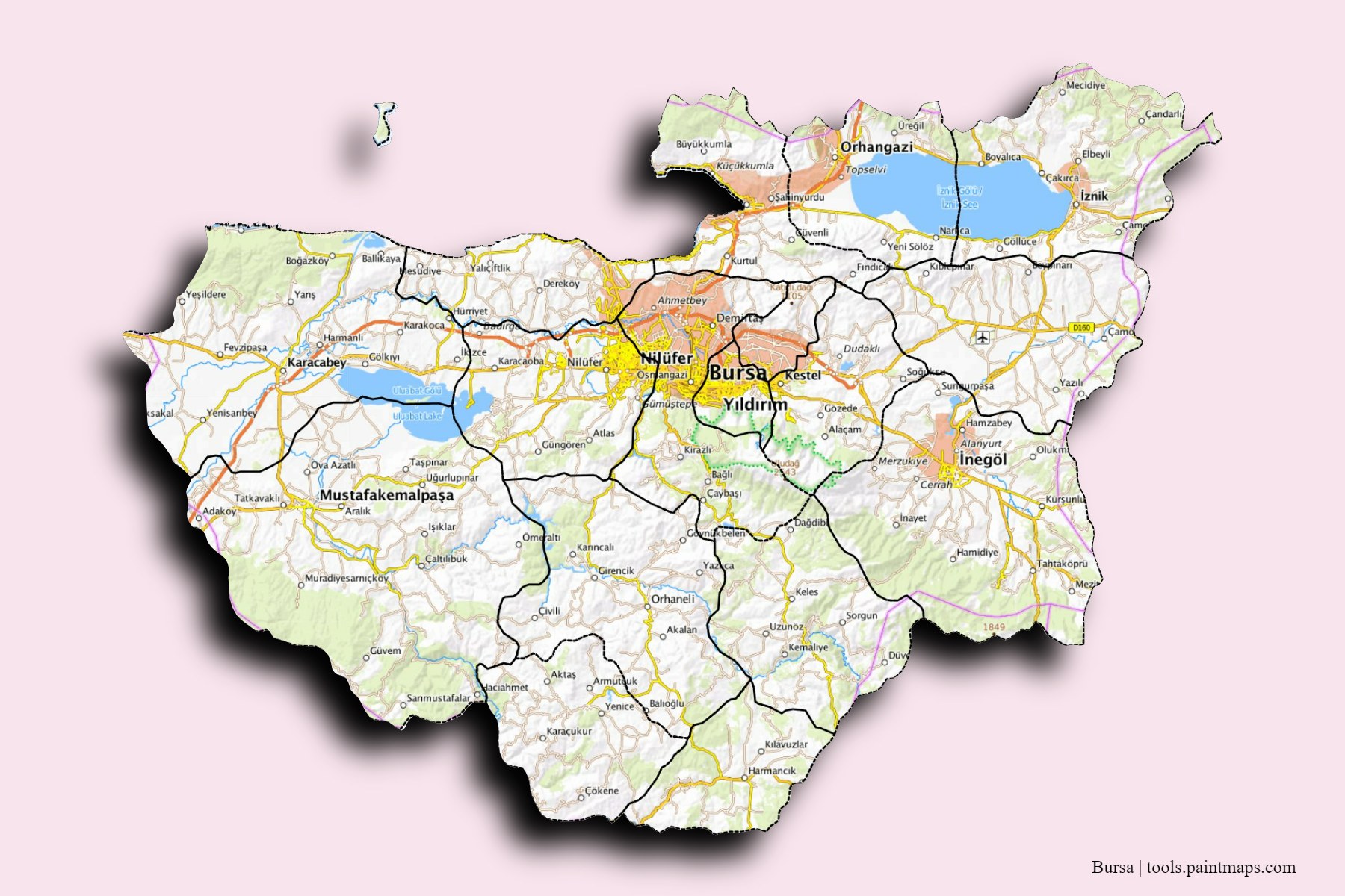 Mapa de Bursa y sus distritos con efecto de sombra 3D