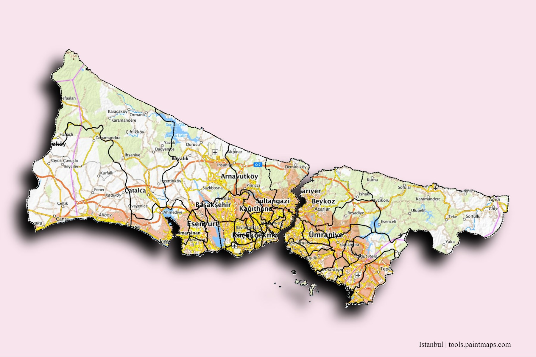 3D gölge efektli İstanbul ve ilçeleri haritası