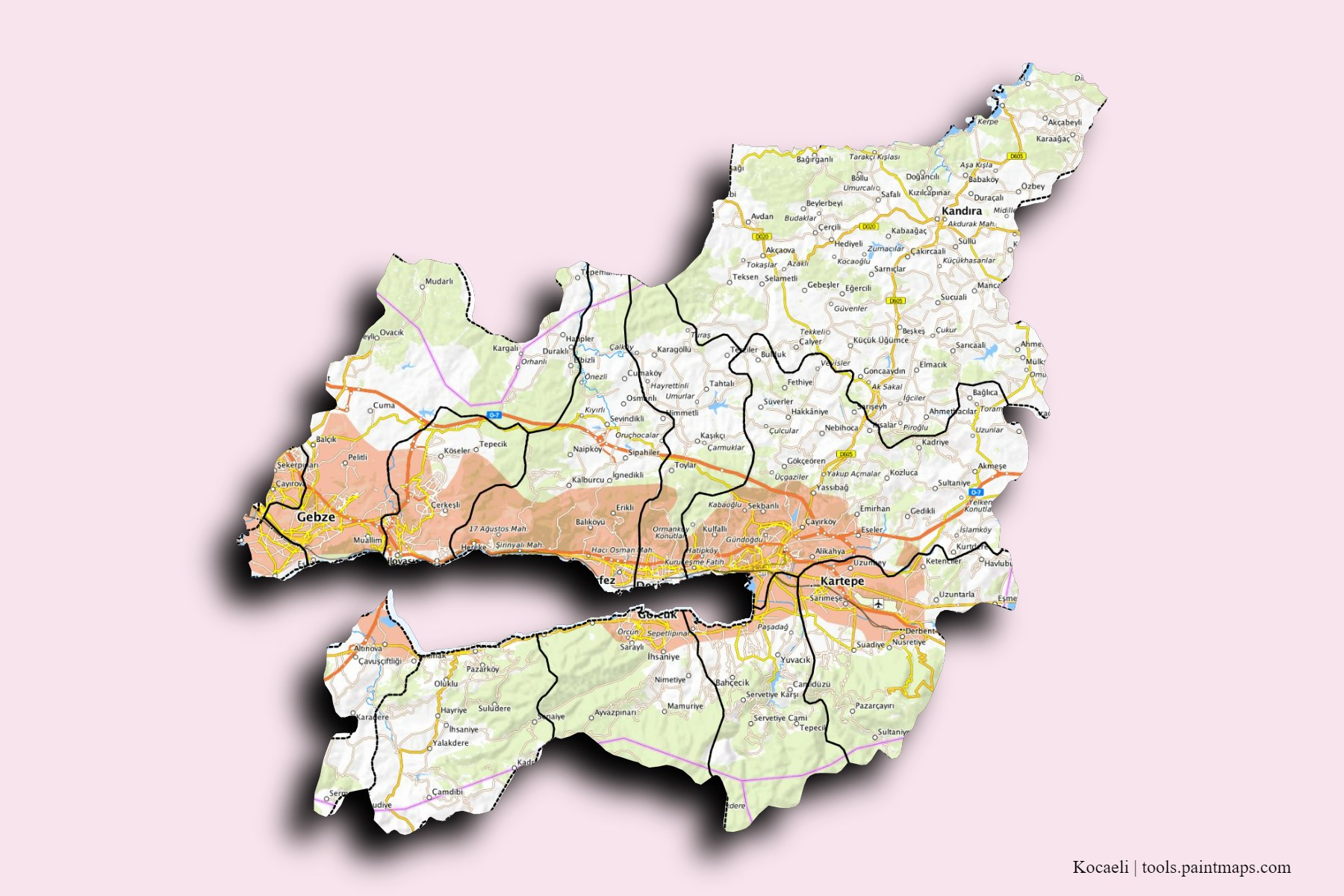 Mapa de Kocaeli y sus distritos con efecto de sombra 3D