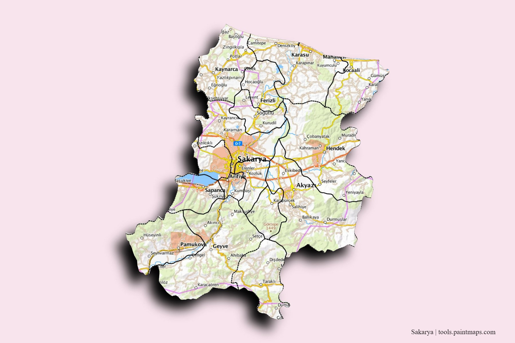 Sakarya and counties map with 3D shadow effect