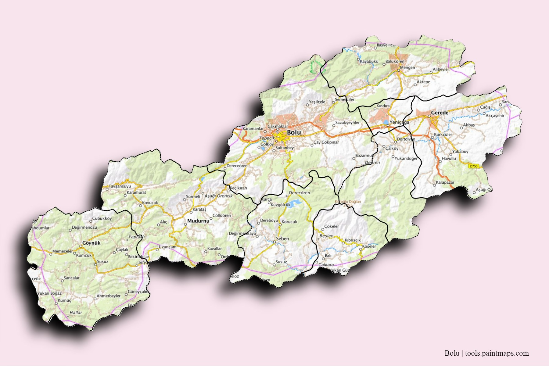 Bolu and counties map with 3D shadow effect