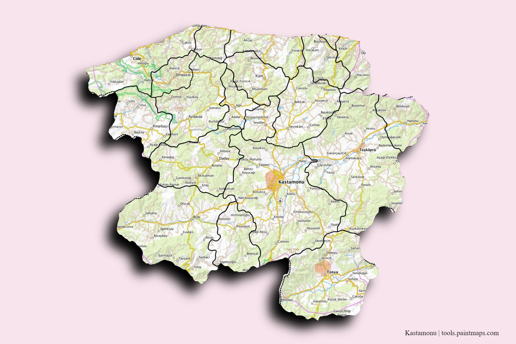 Kastamonu and counties map with 3D shadow effect