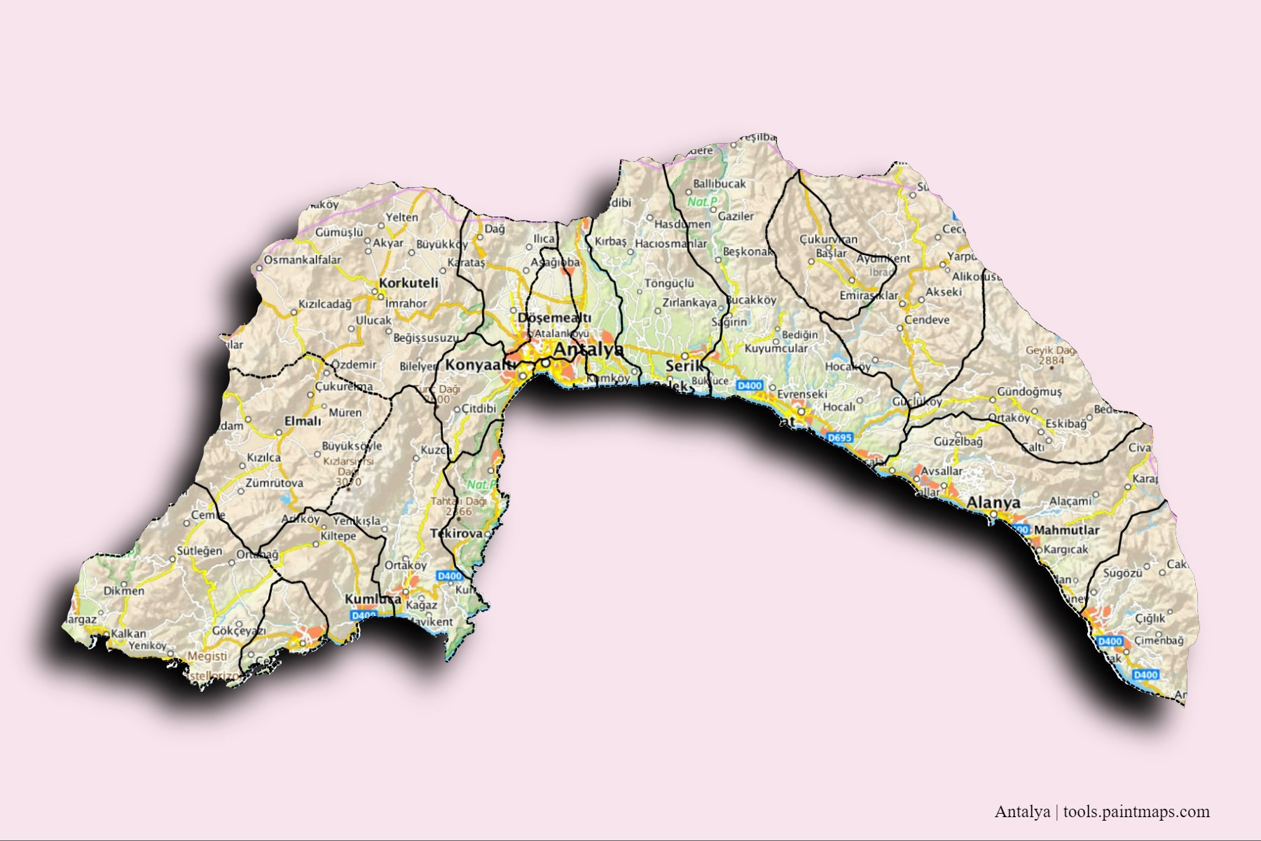 Antalya and counties map with 3D shadow effect