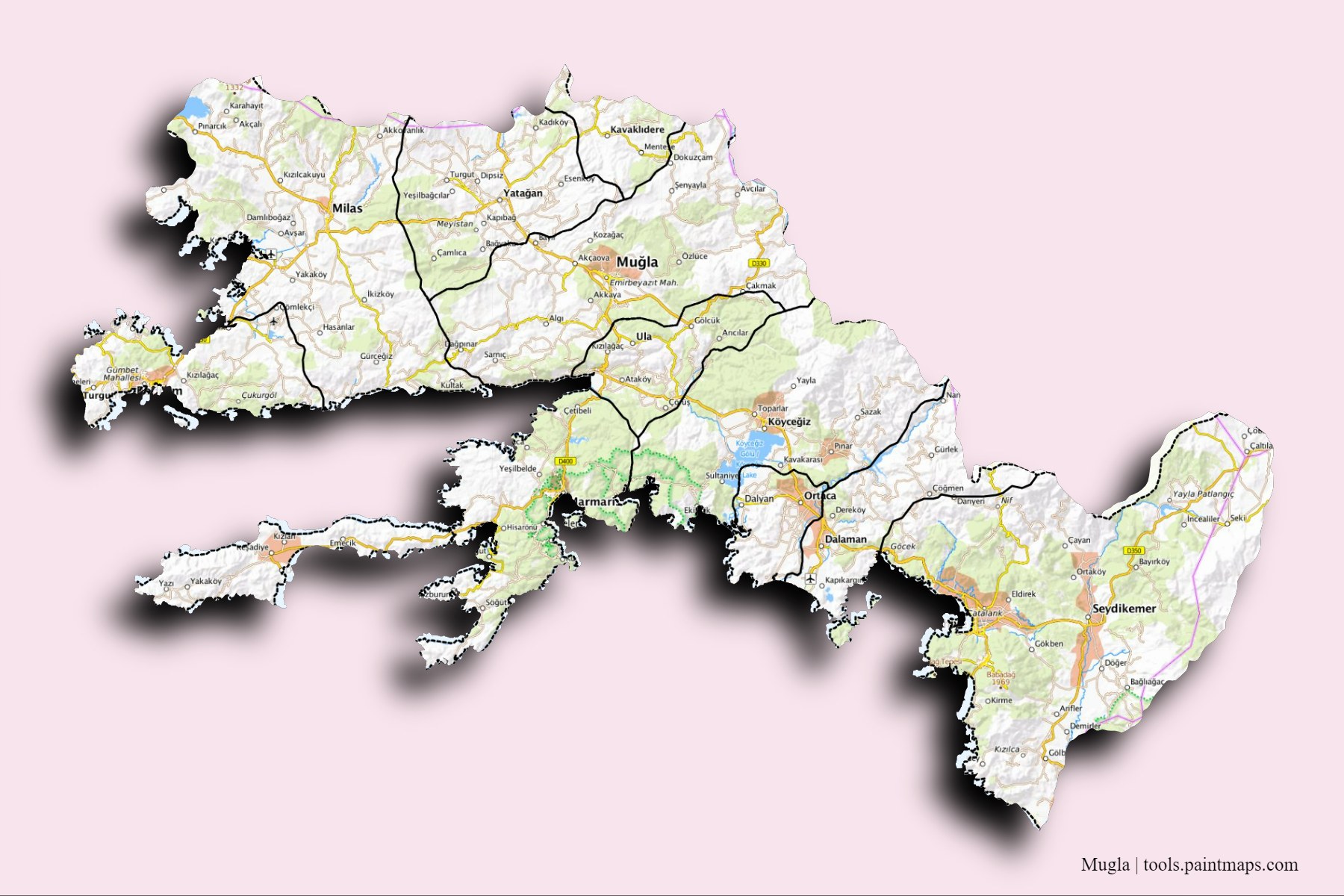 Mugla and counties map with 3D shadow effect