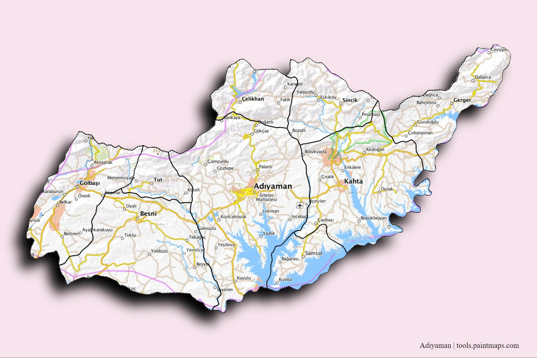 Adiyaman and counties map with 3D shadow effect