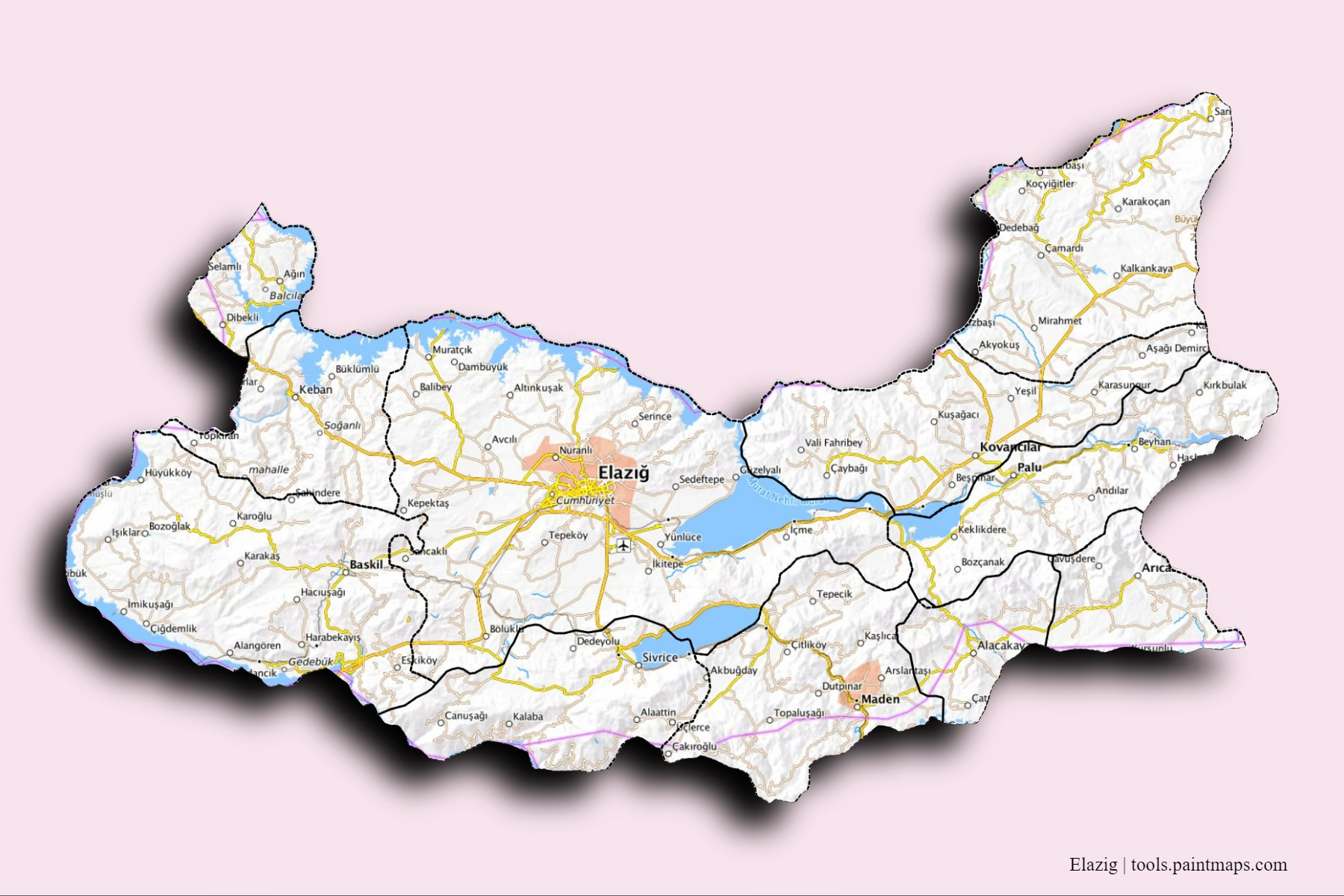 3D gölge efektli Elazığ ve ilçeleri haritası