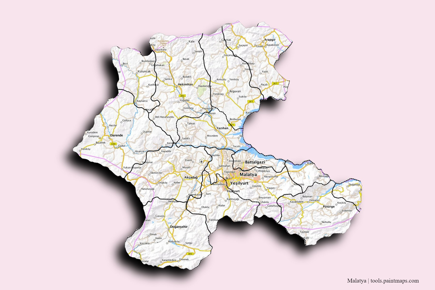 3D gölge efektli Malatya ve ilçeleri haritası