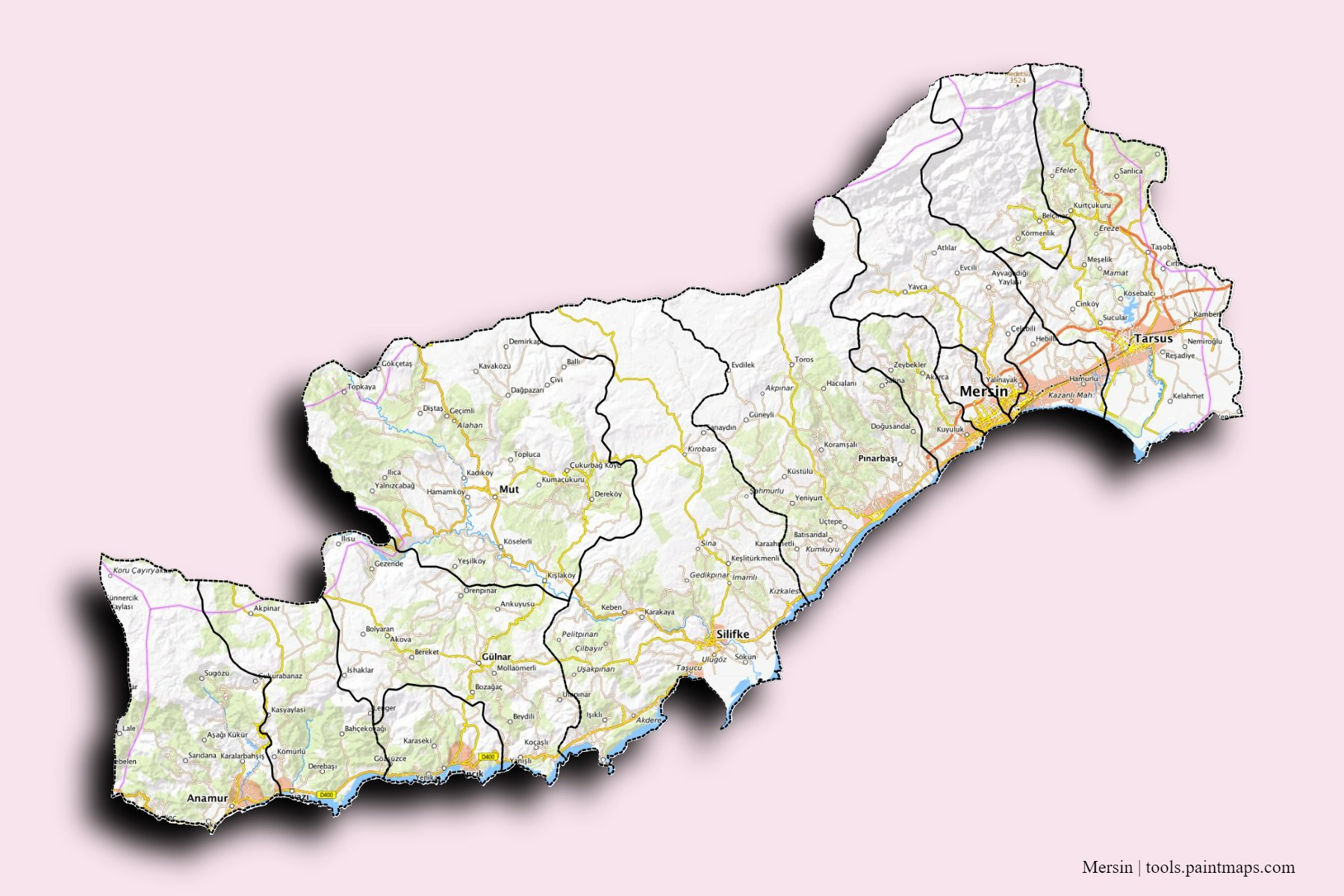 Mersin and counties map with 3D shadow effect