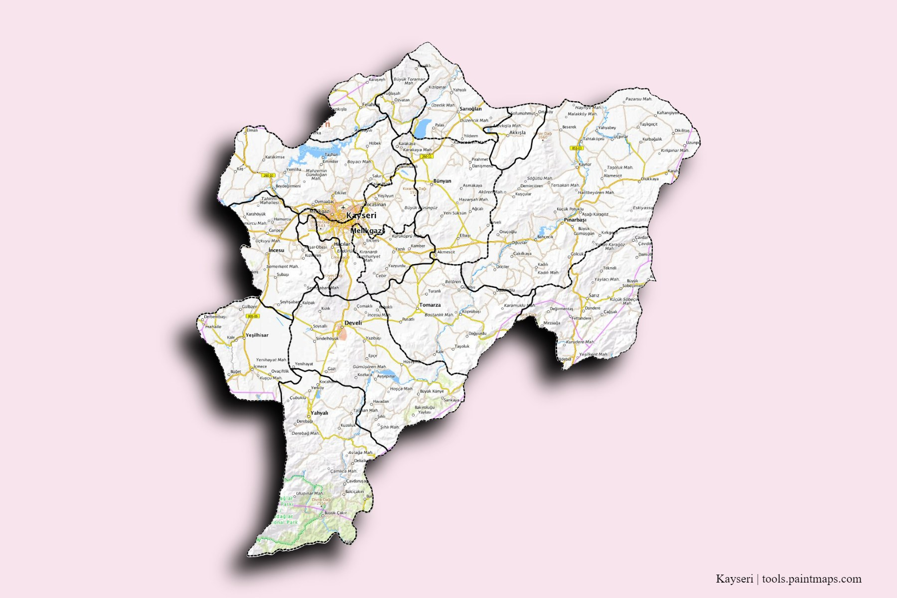 Mapa de Kayseri y sus distritos con efecto de sombra 3D