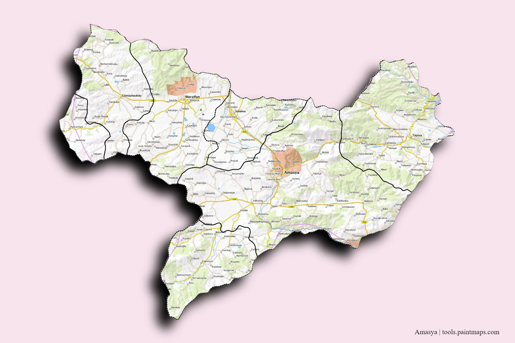 Mapa de Amasya y sus distritos con efecto de sombra 3D