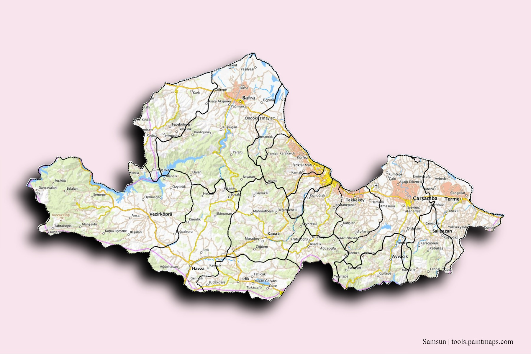 Samsun and counties map with 3D shadow effect