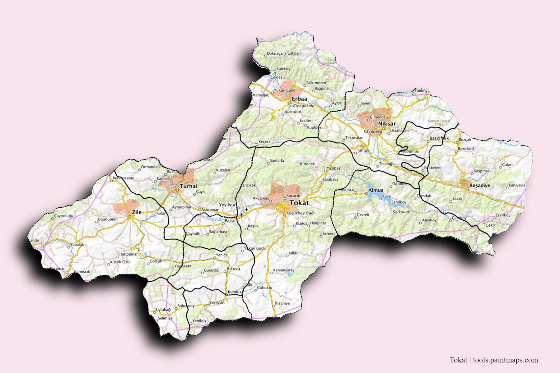 Mapa de Tokat y sus distritos con efecto de sombra 3D