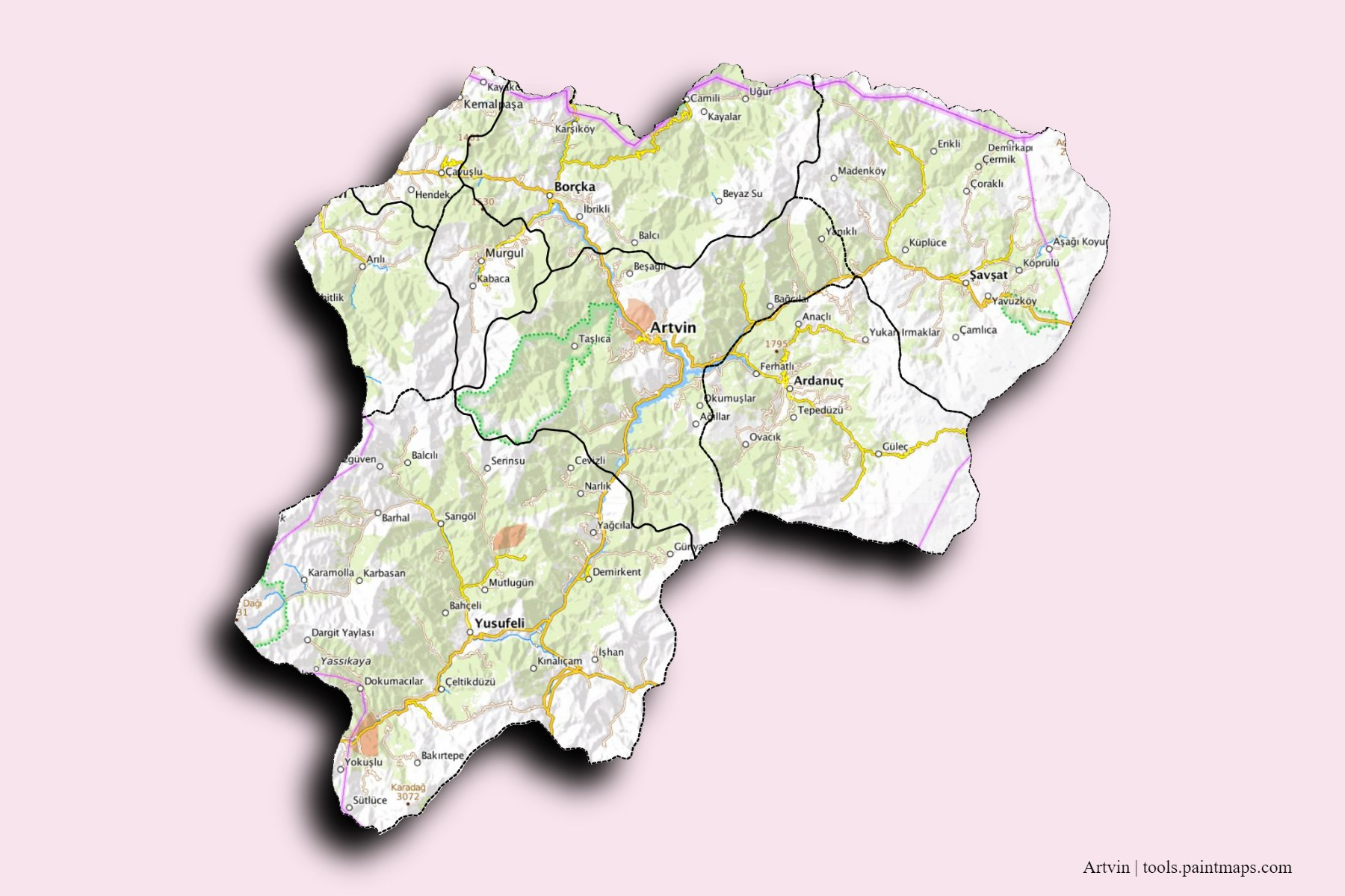 Artvin and counties map with 3D shadow effect