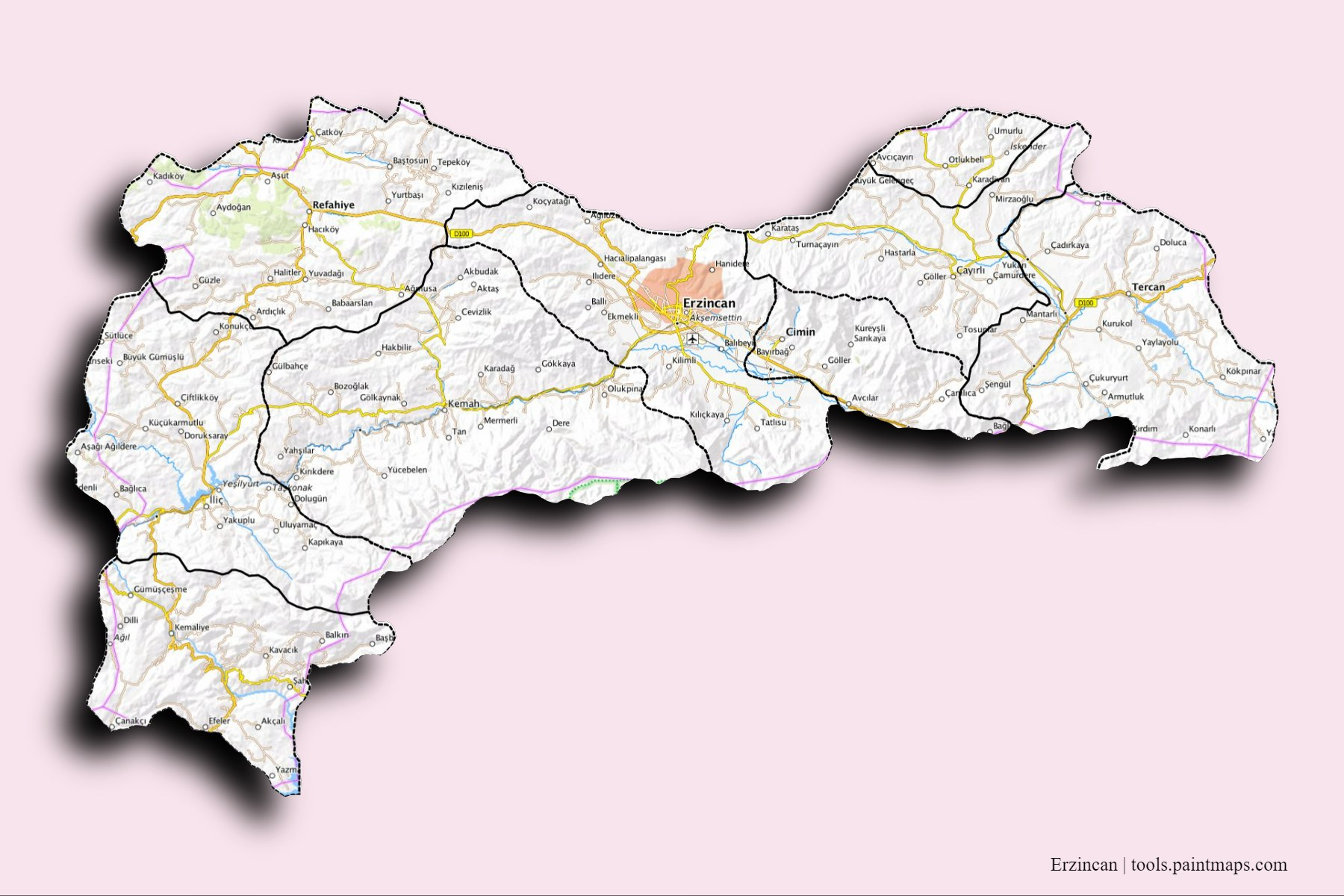 Erzincan and counties map with 3D shadow effect