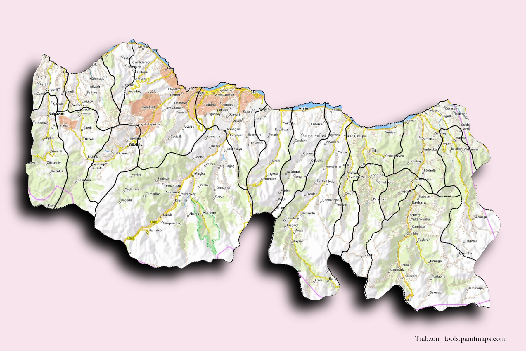 Trabzon and counties map with 3D shadow effect