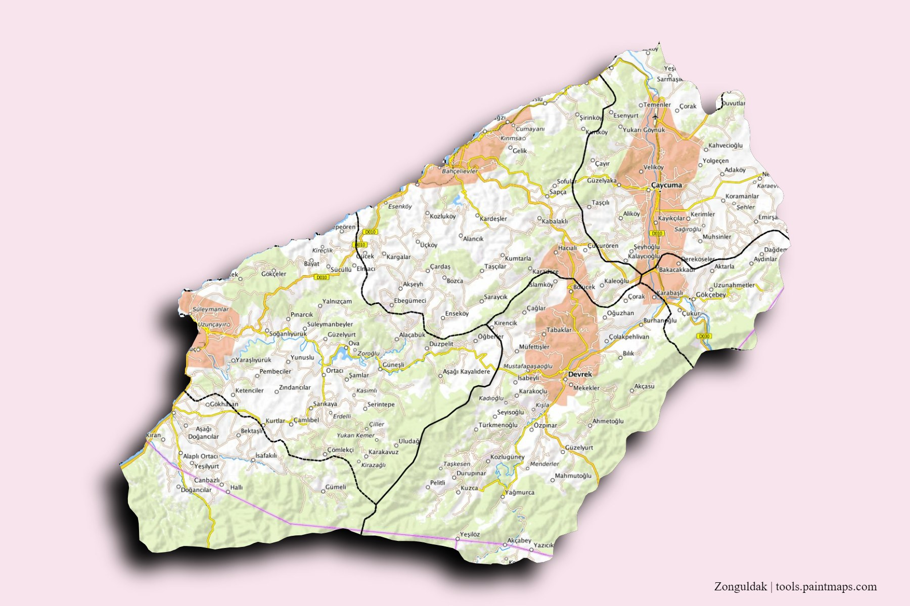 Mapa de Zonguldak y sus distritos con efecto de sombra 3D