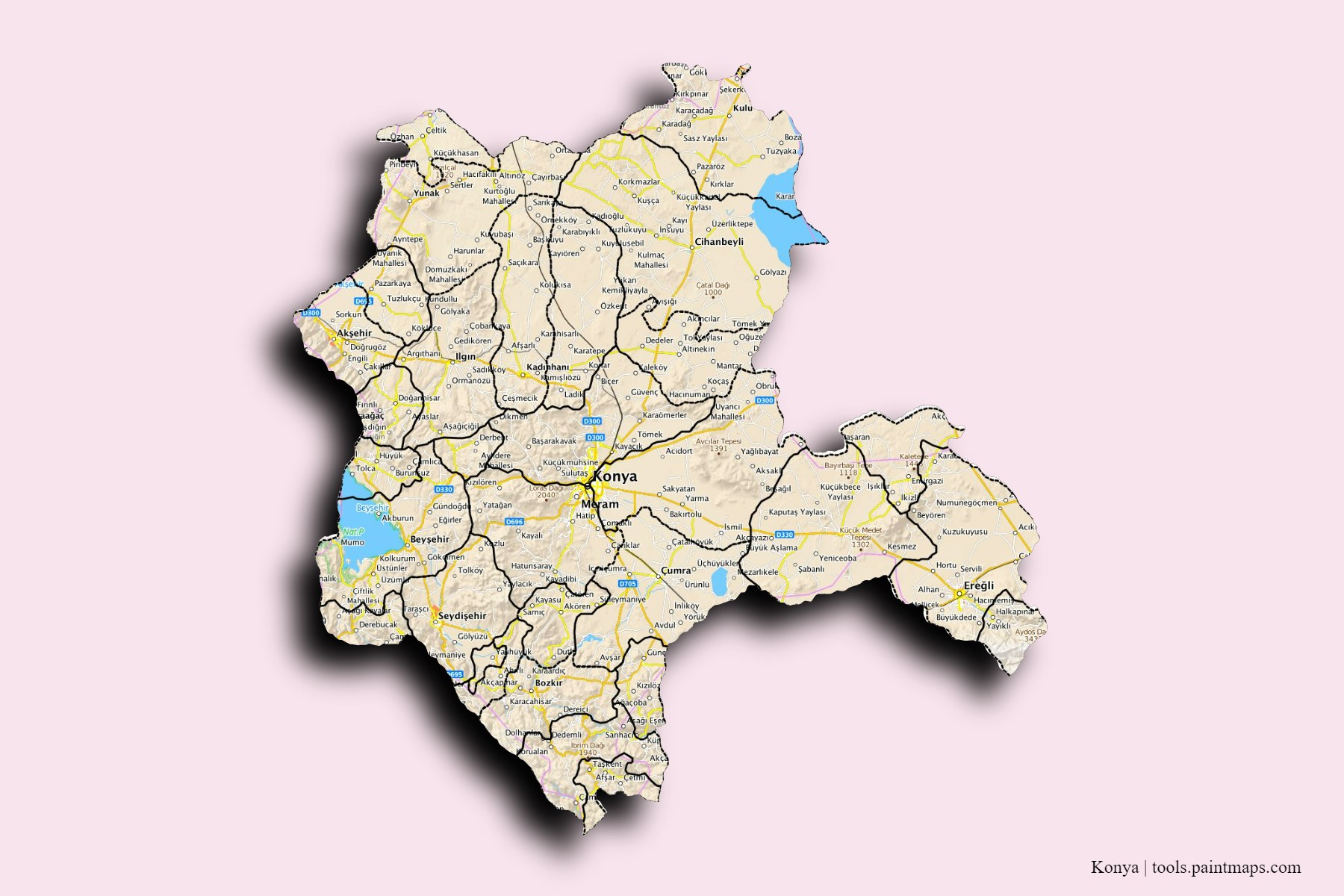 Mapa de Konya y sus distritos con efecto de sombra 3D